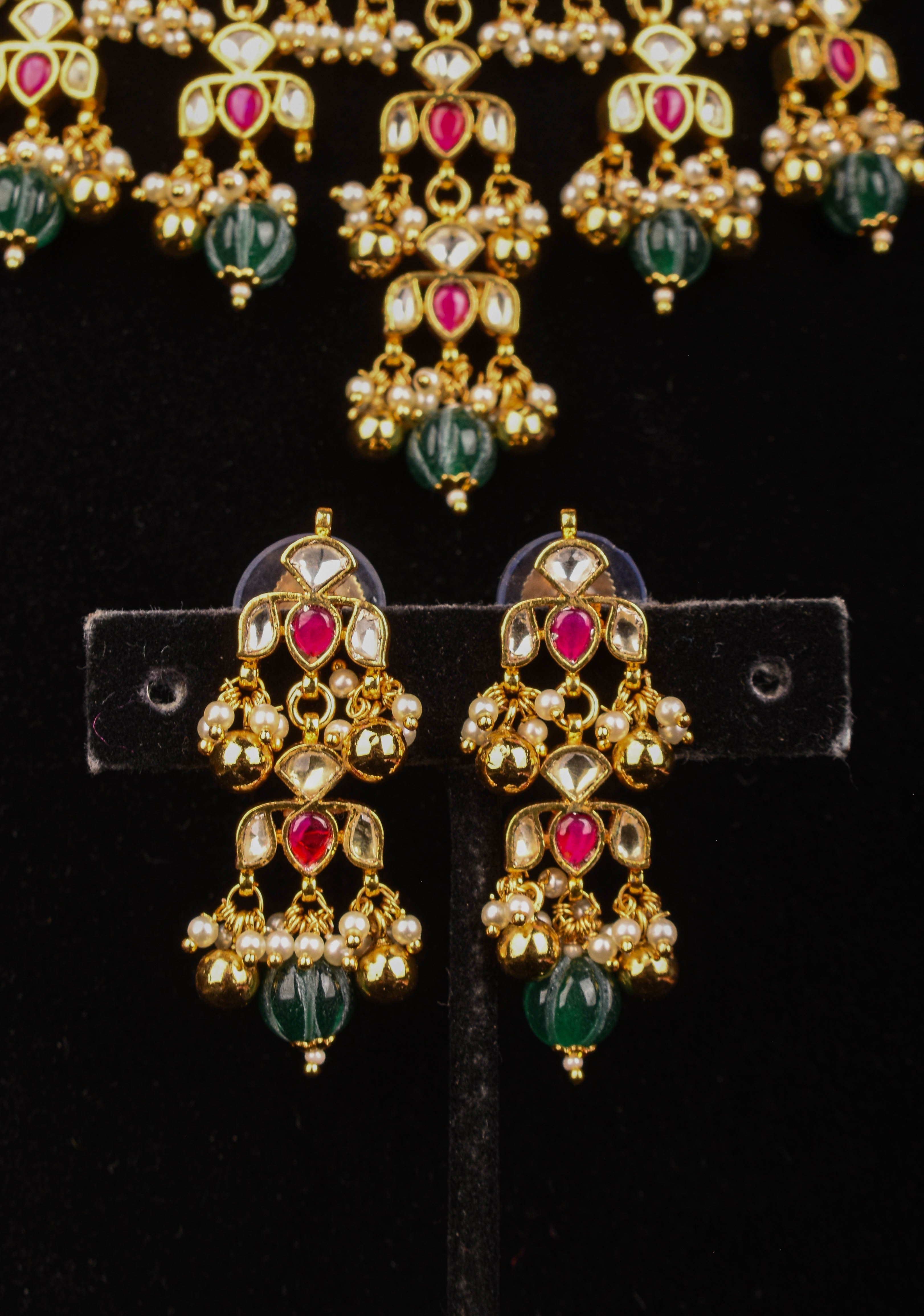 Antique Multistrand Gold Tone Flexible Floral design Simple Necklace Set with green dangling beads | Shobitam