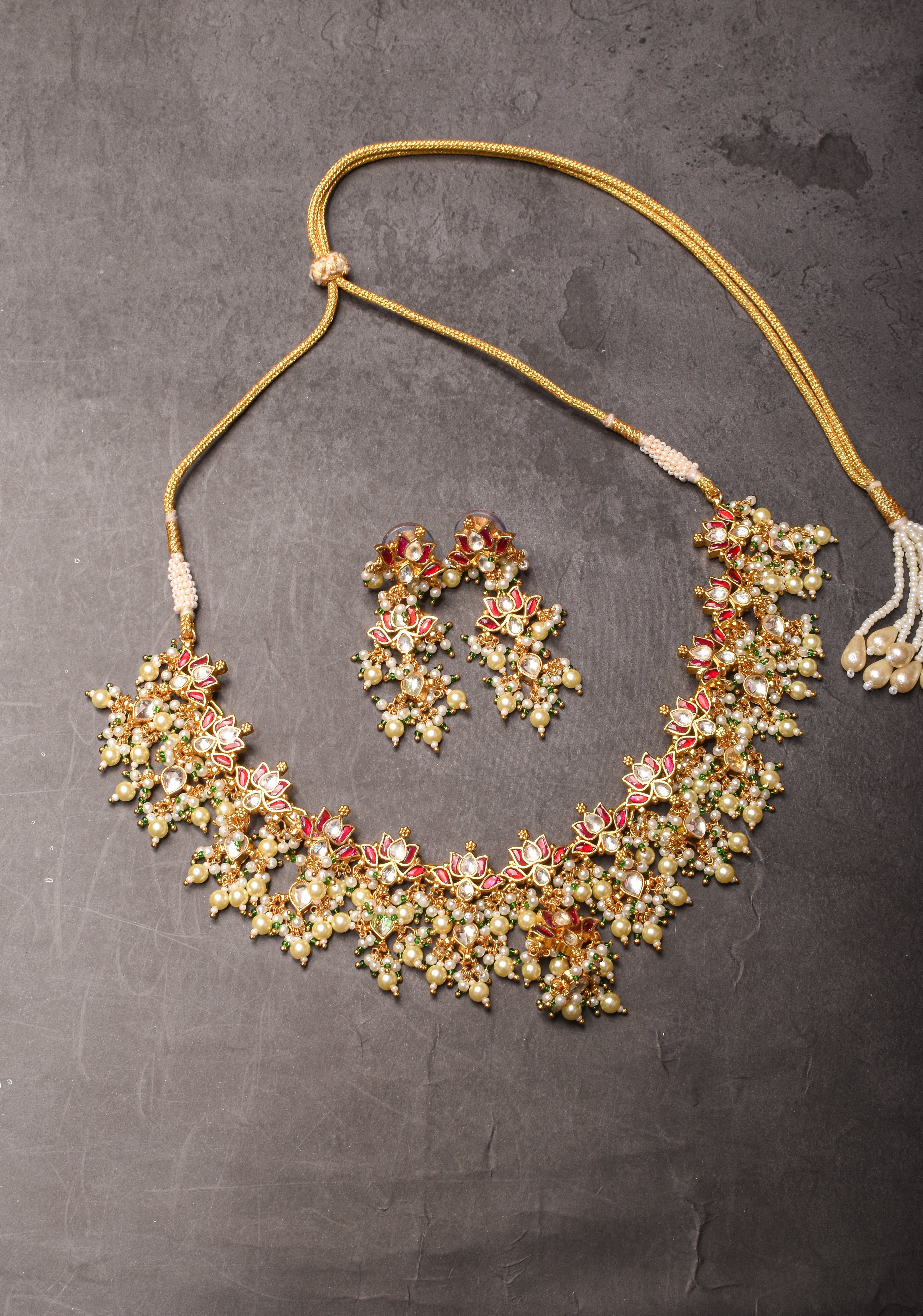 Blooming Lotus Design Necklace Set in Pink and Dangling Pearls | Shobitam