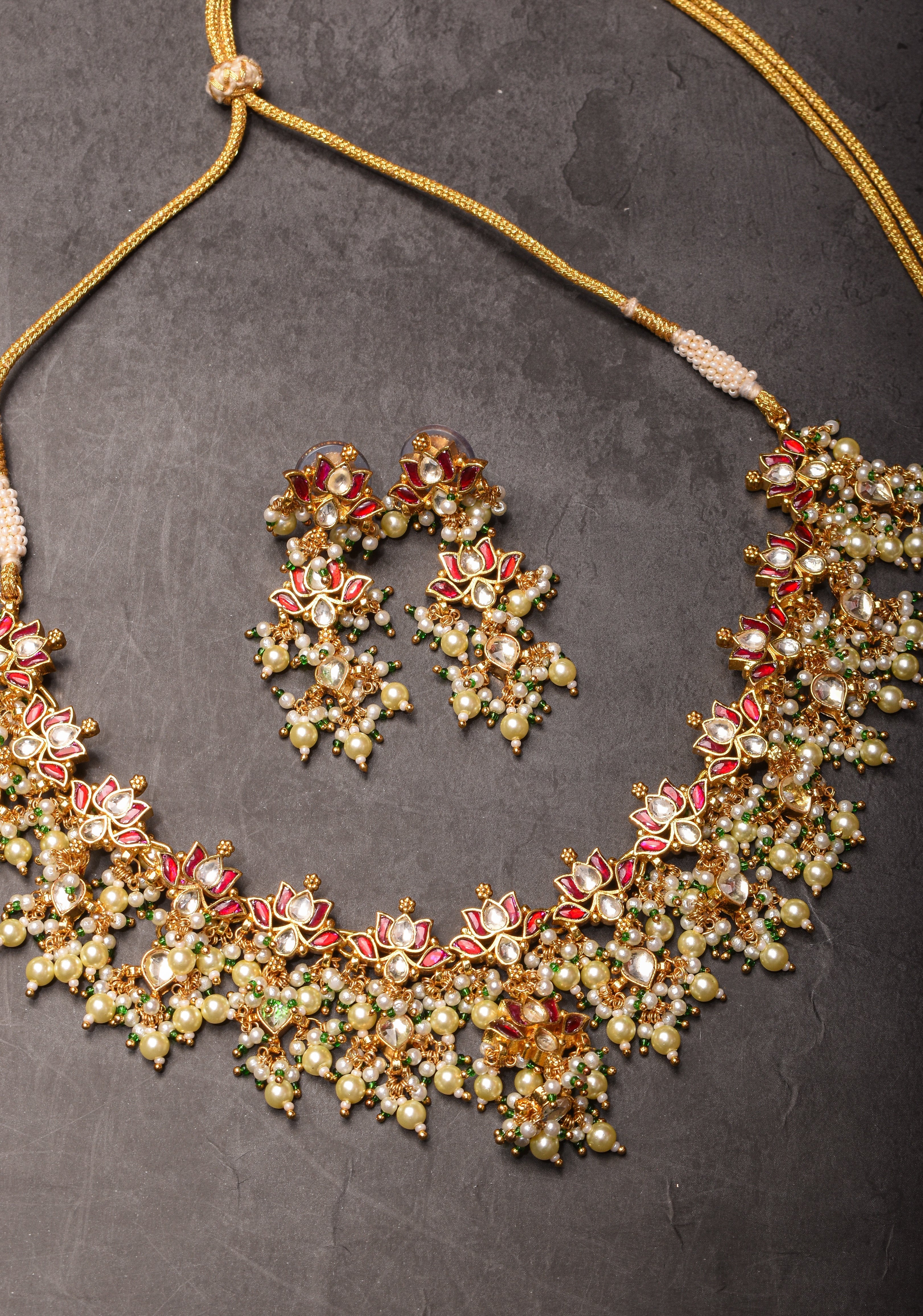 Blooming Lotus Design Necklace Set in Pink and Dangling Pearls | Shobitam