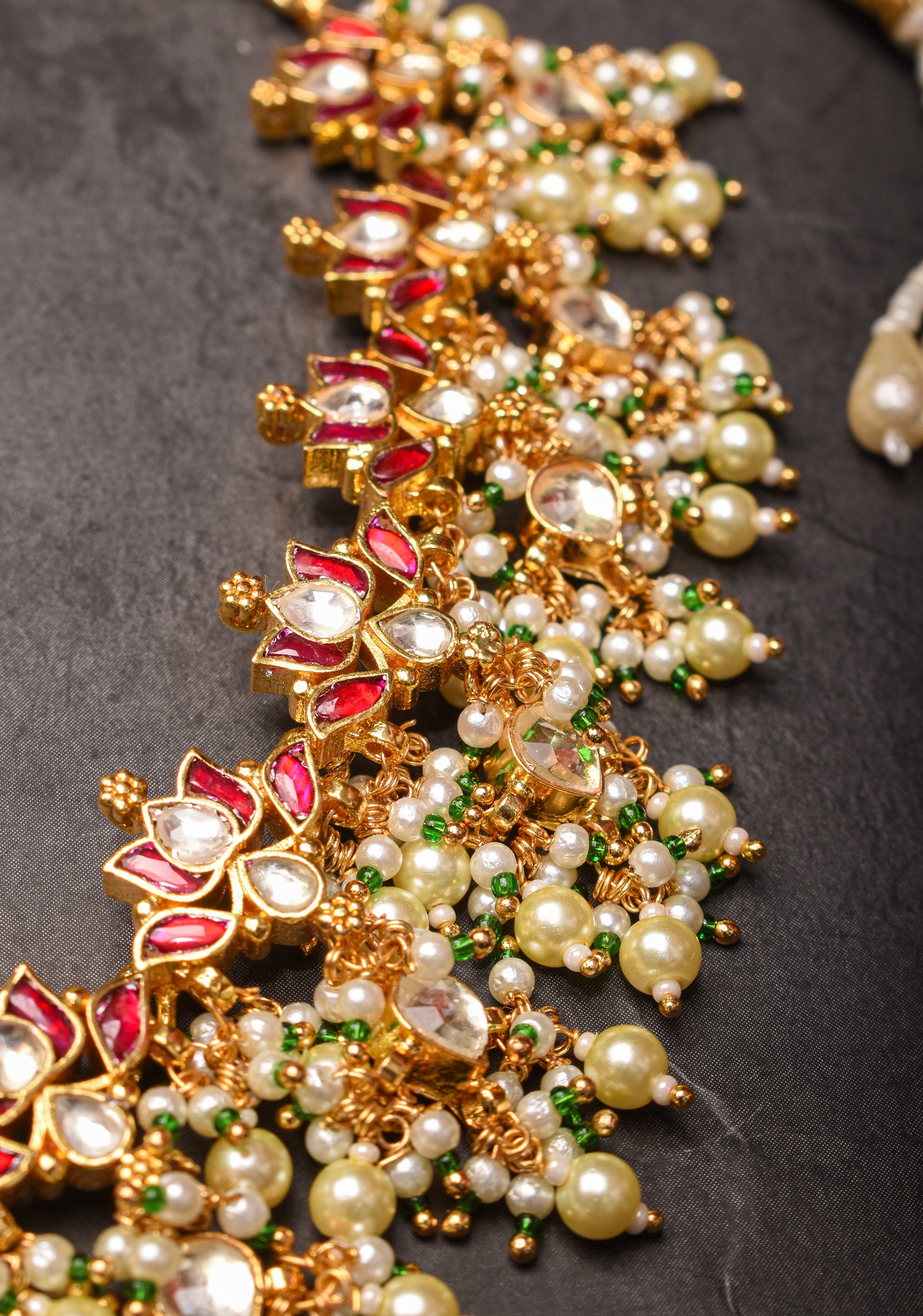 Blooming Lotus Design Necklace Set in Pink and Dangling Pearls | Shobitam