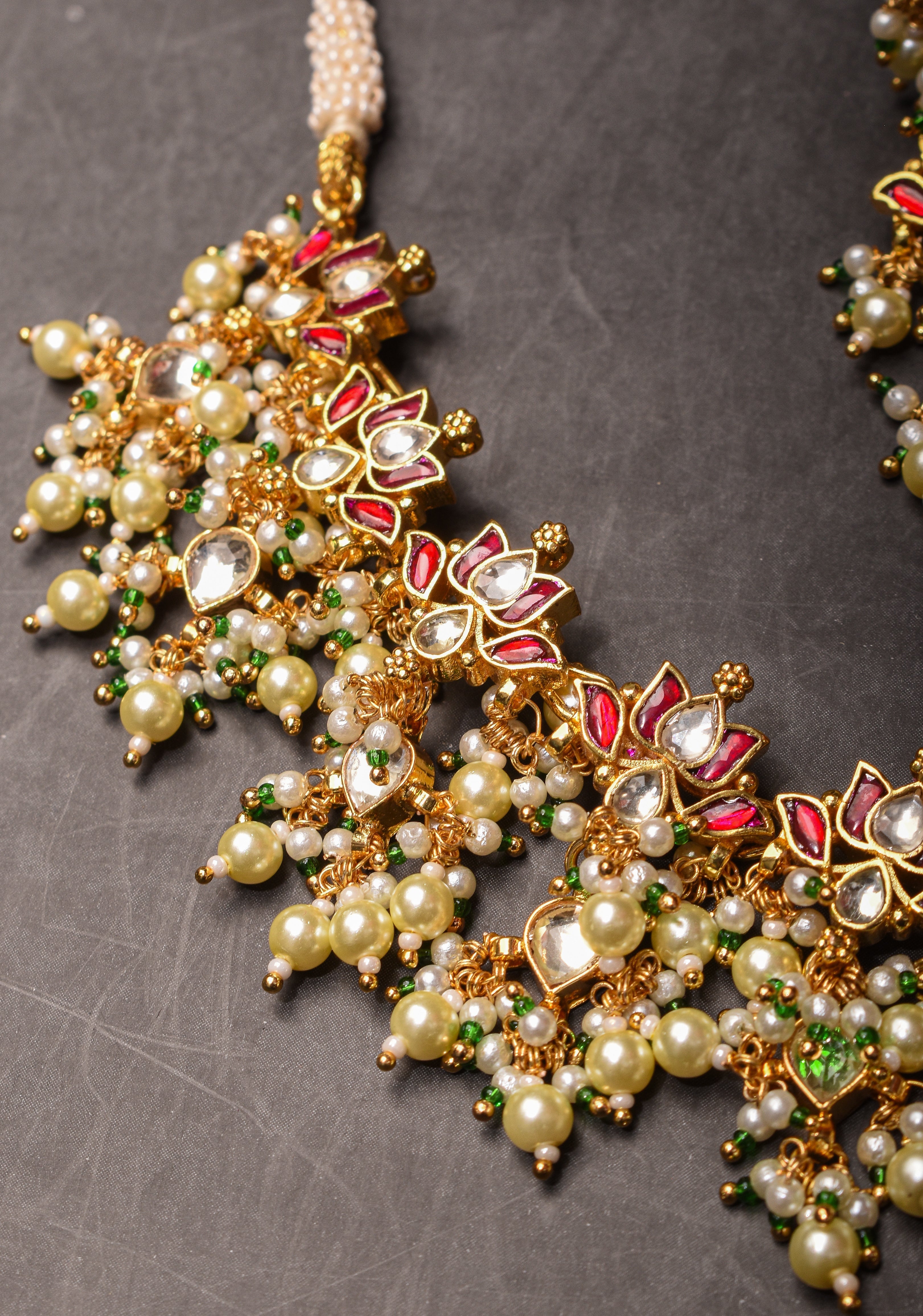 Blooming Lotus Design Necklace Set in Pink and Dangling Pearls | Shobitam