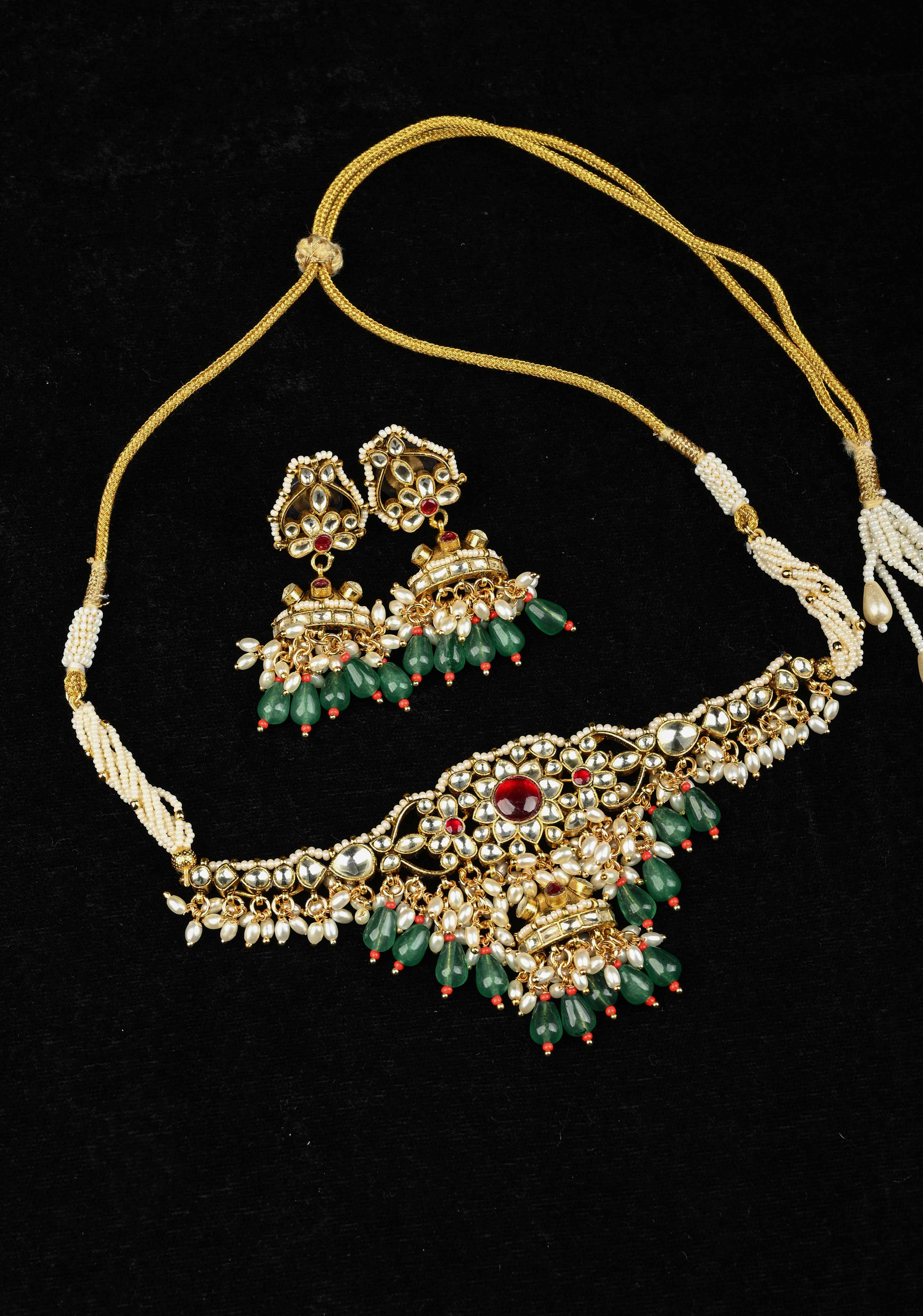 Ahmedabadi kundan multistrand necklace set with Floral Pendant and sage green dangling beads and pearls | SHOBITAM