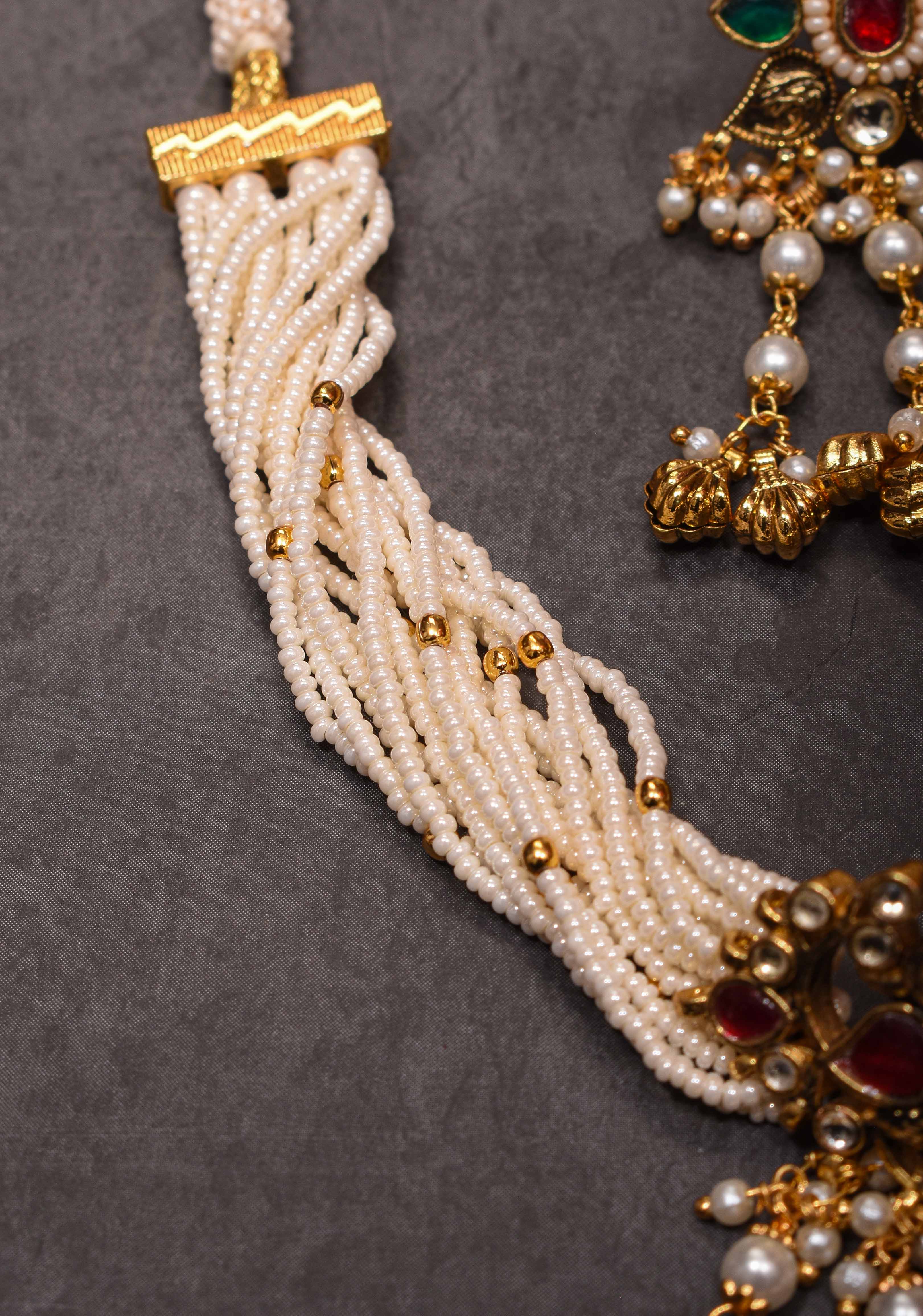 White Ahmedabadi kundan multistrand necklace set with dangling pearl | Shobitam Jewelry