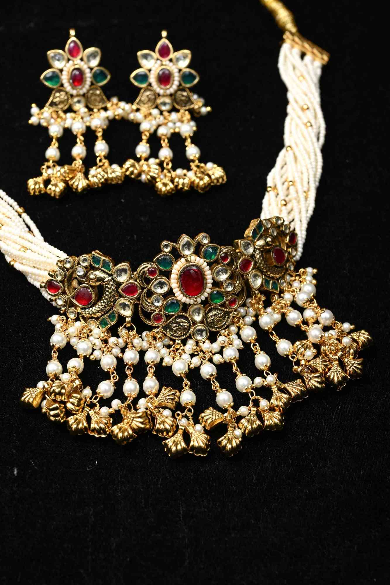 Layered Pearl Choker Set with Kundan and Gemstone Pendant