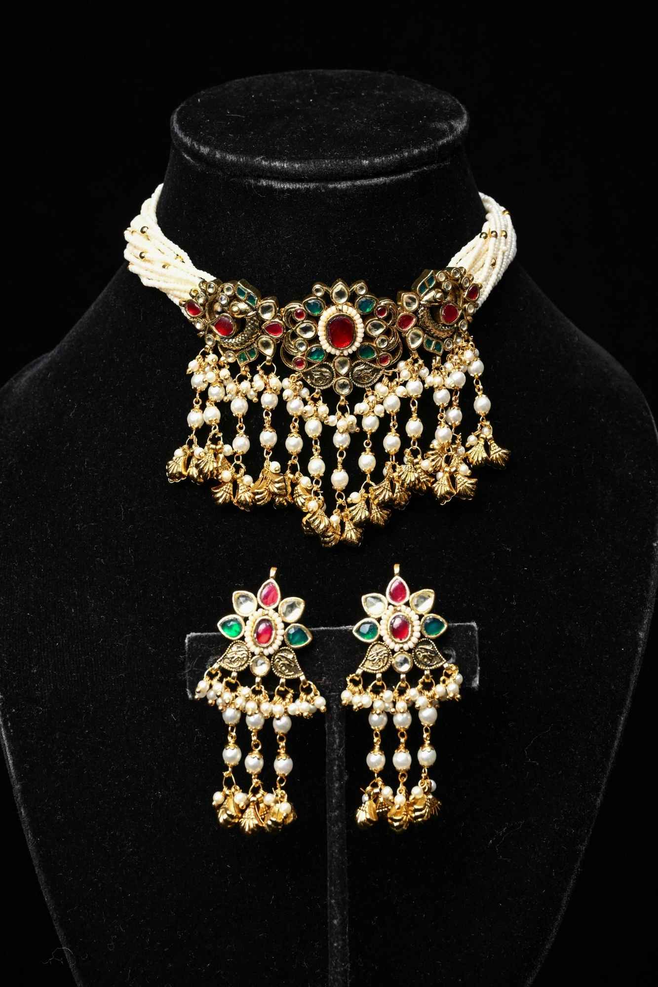 Layered Pearl Choker Set with Kundan and Gemstone Pendant