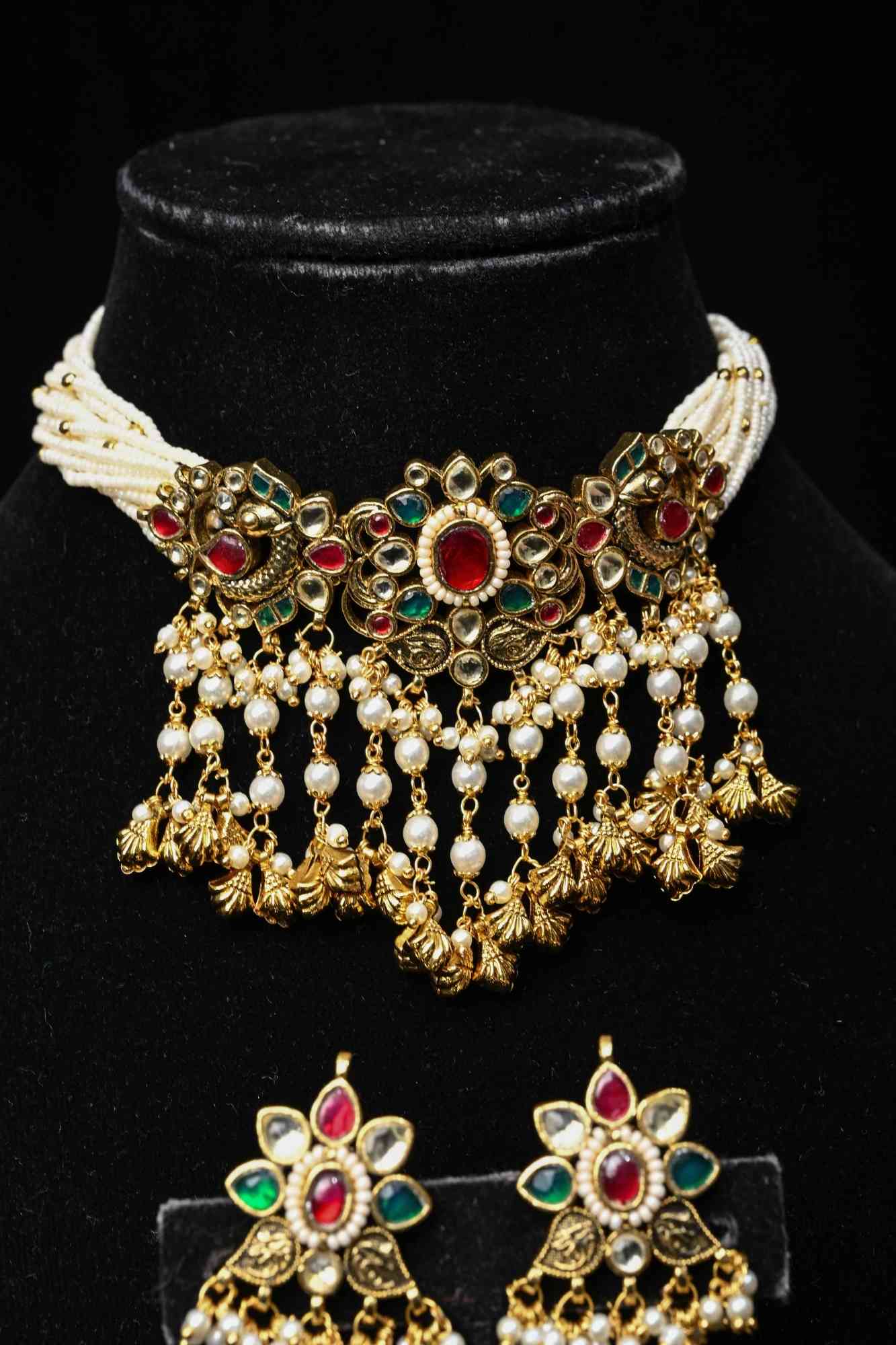 Layered Pearl Choker Set with Kundan and Gemstone Pendant