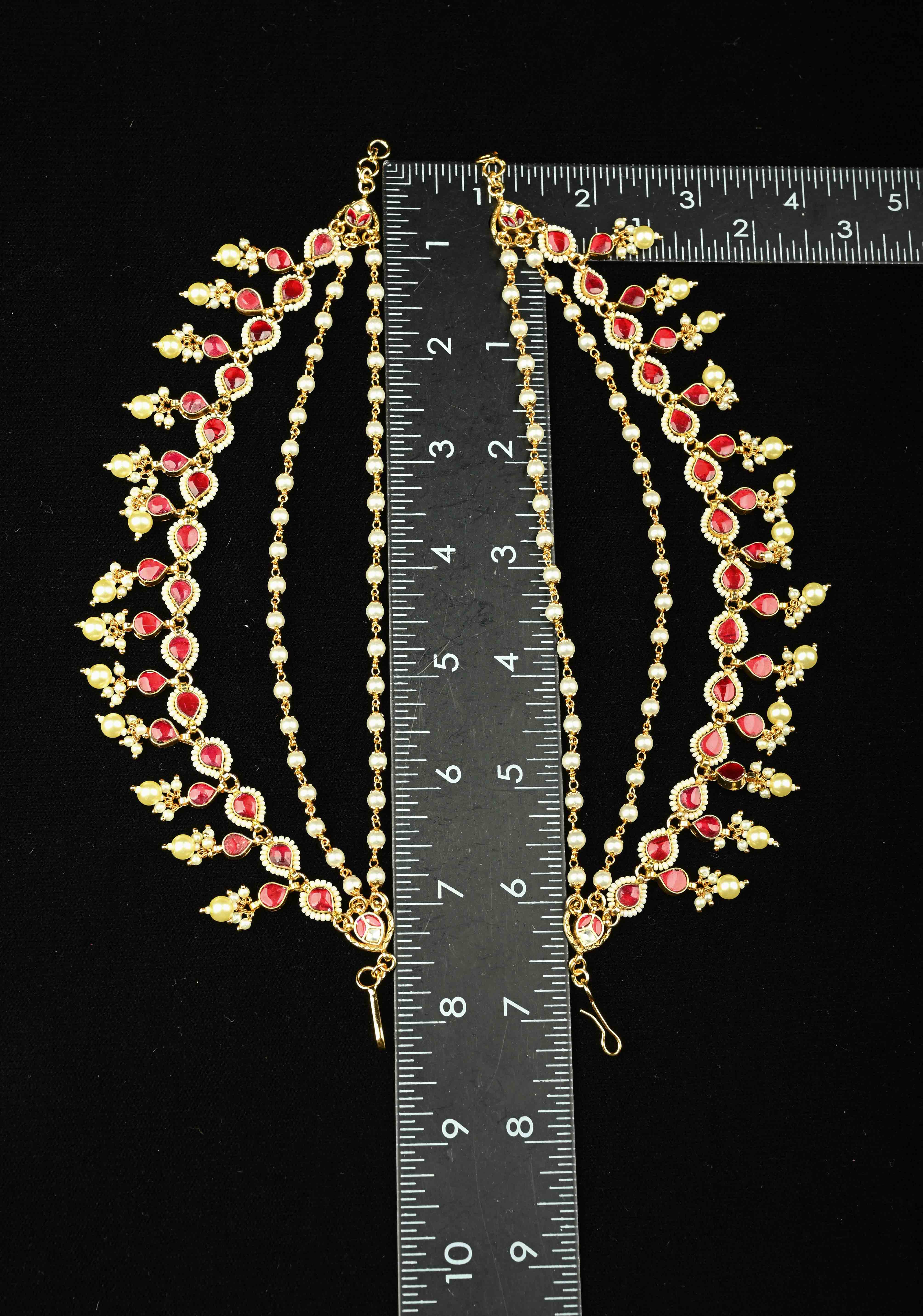 Contemporary 3 Layered Pearl Ear Chain with Red stone | Shobitam