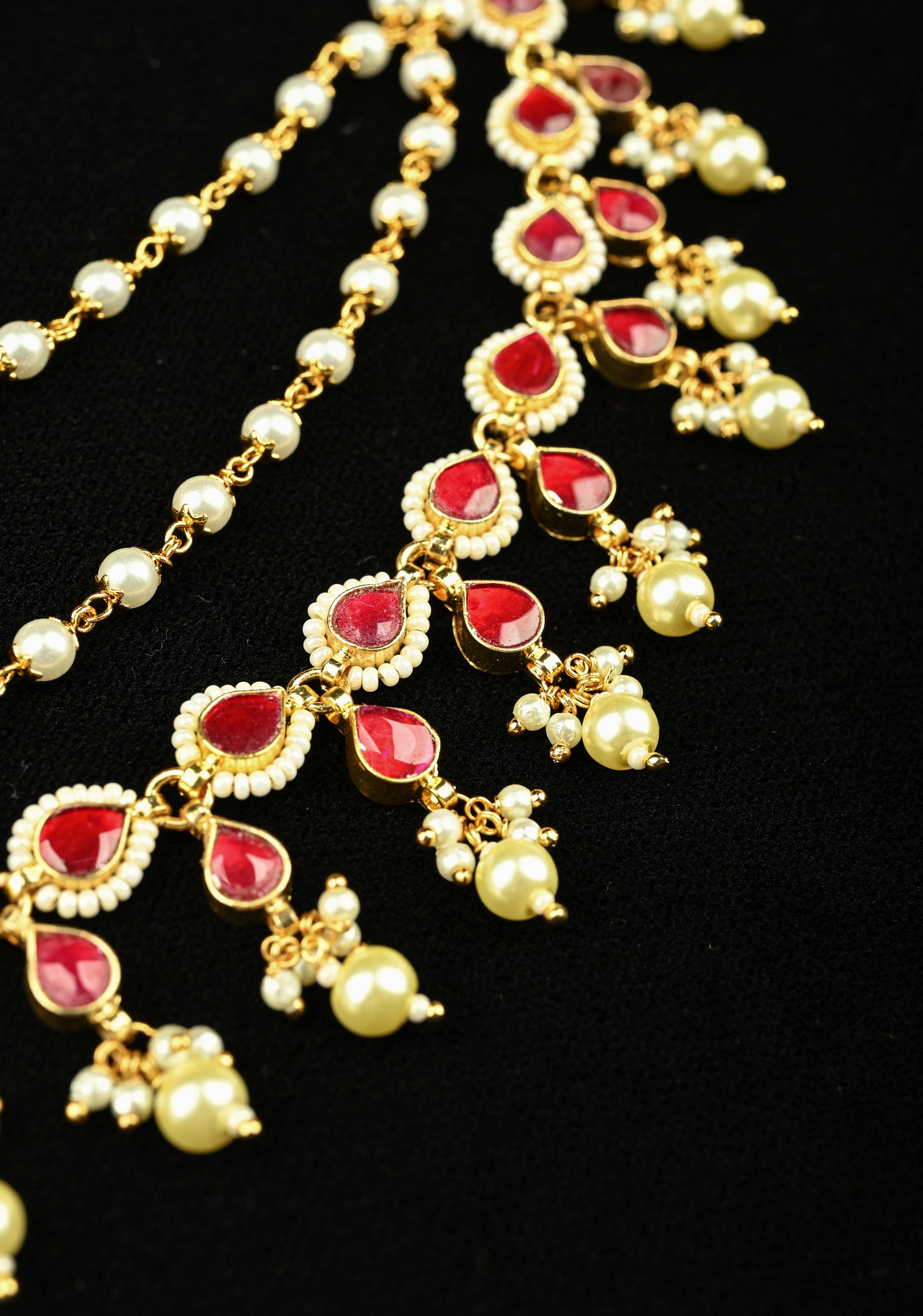 Contemporary 3 Layered Pearl Ear Chain with Red stone | Shobitam