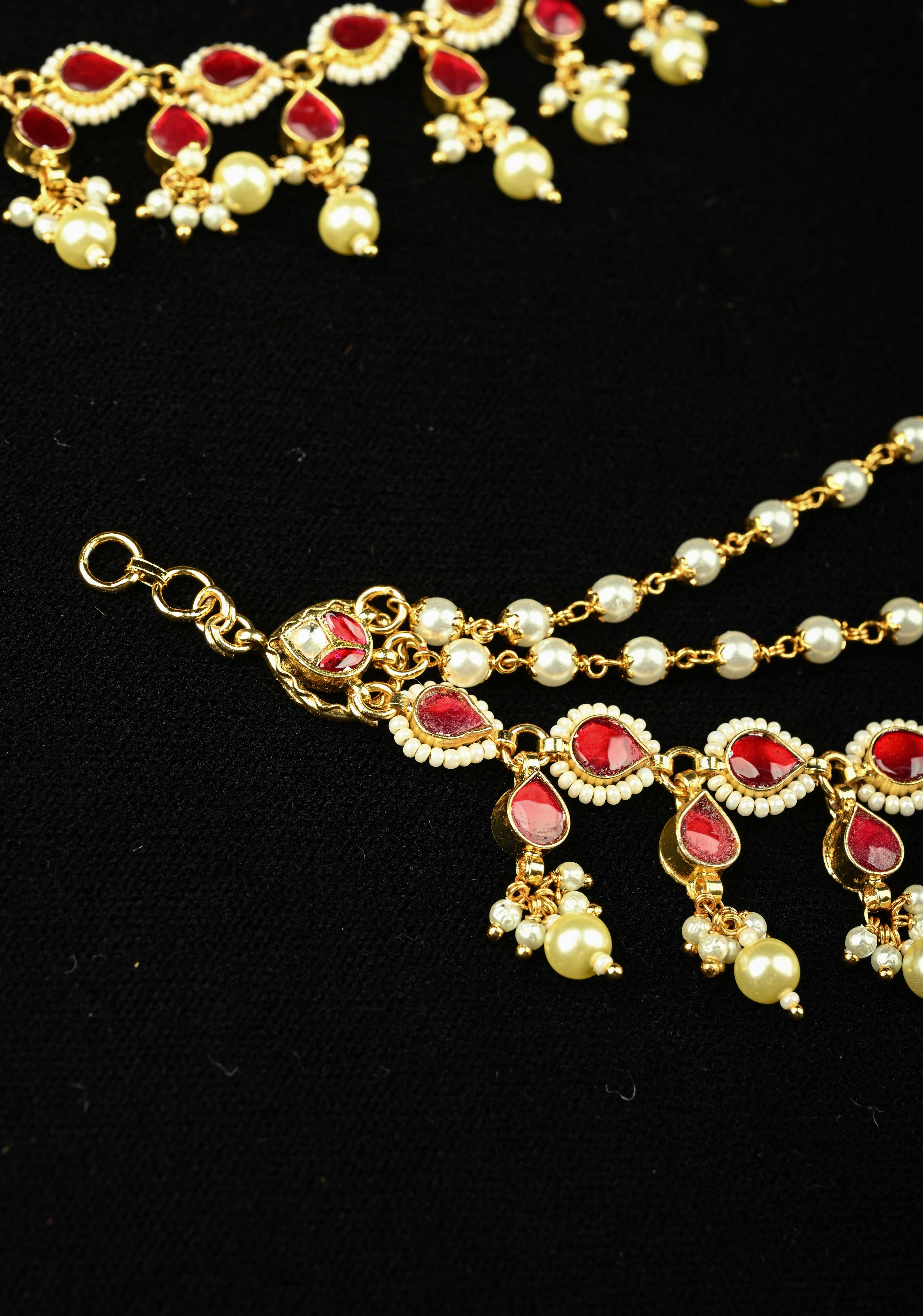 Contemporary 3 Layered Pearl Ear Chain with Red stone | Shobitam