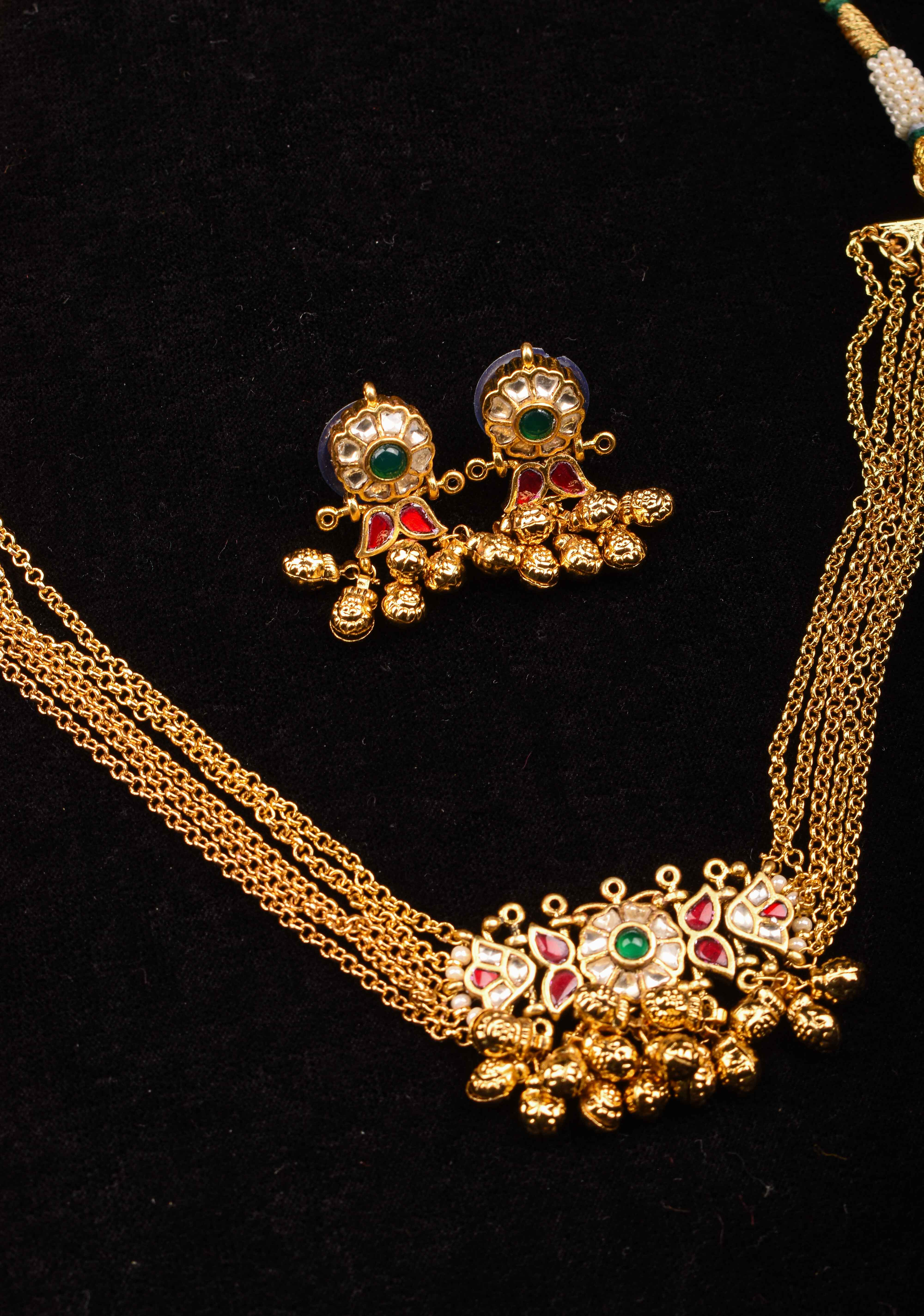 5-Strand Gold Chain Necklace Set with Floral Pendant and Pearls | SHOBITAM