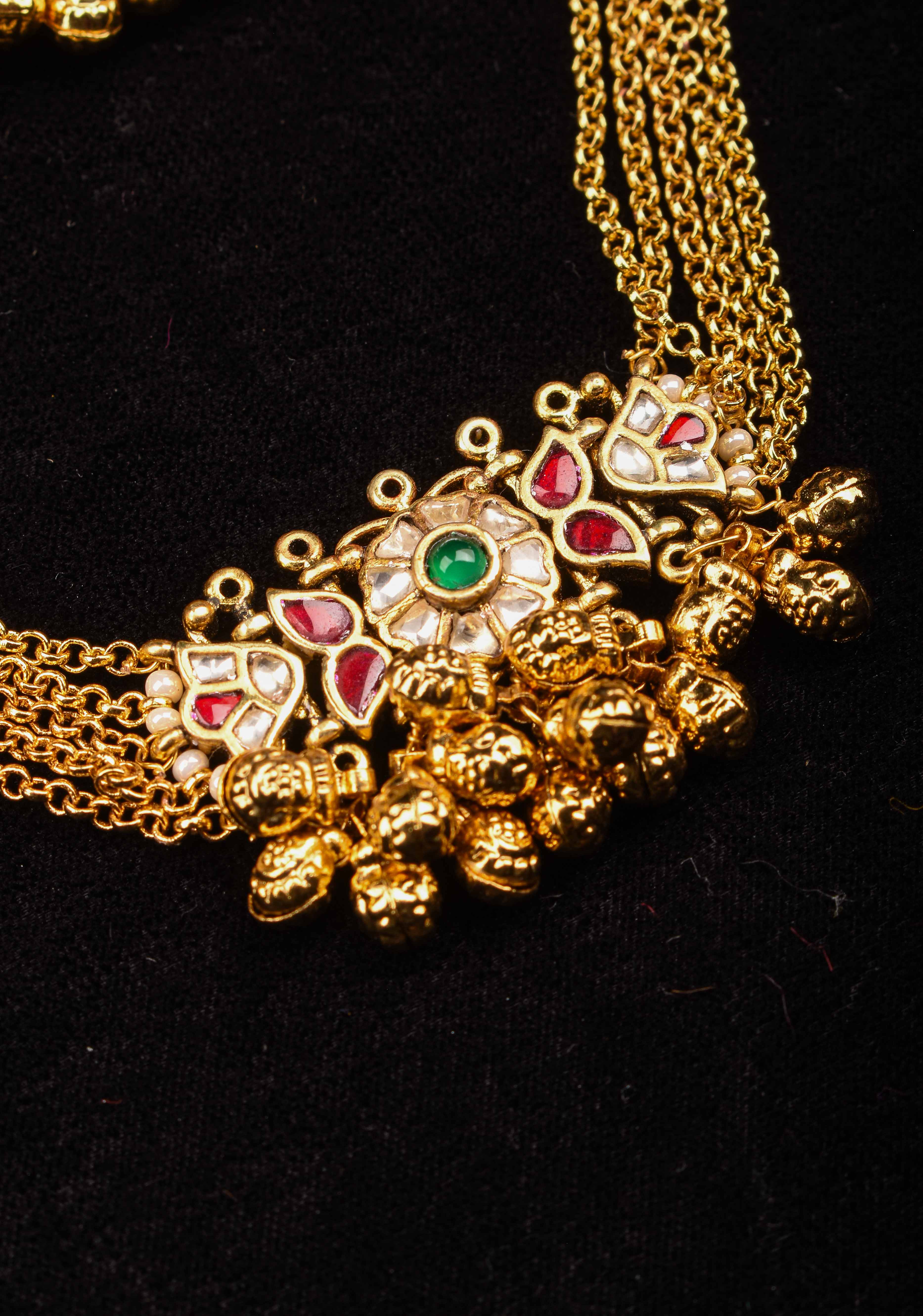 5-Strand Gold Chain Necklace Set with Floral Pendant and Pearls | SHOBITAM