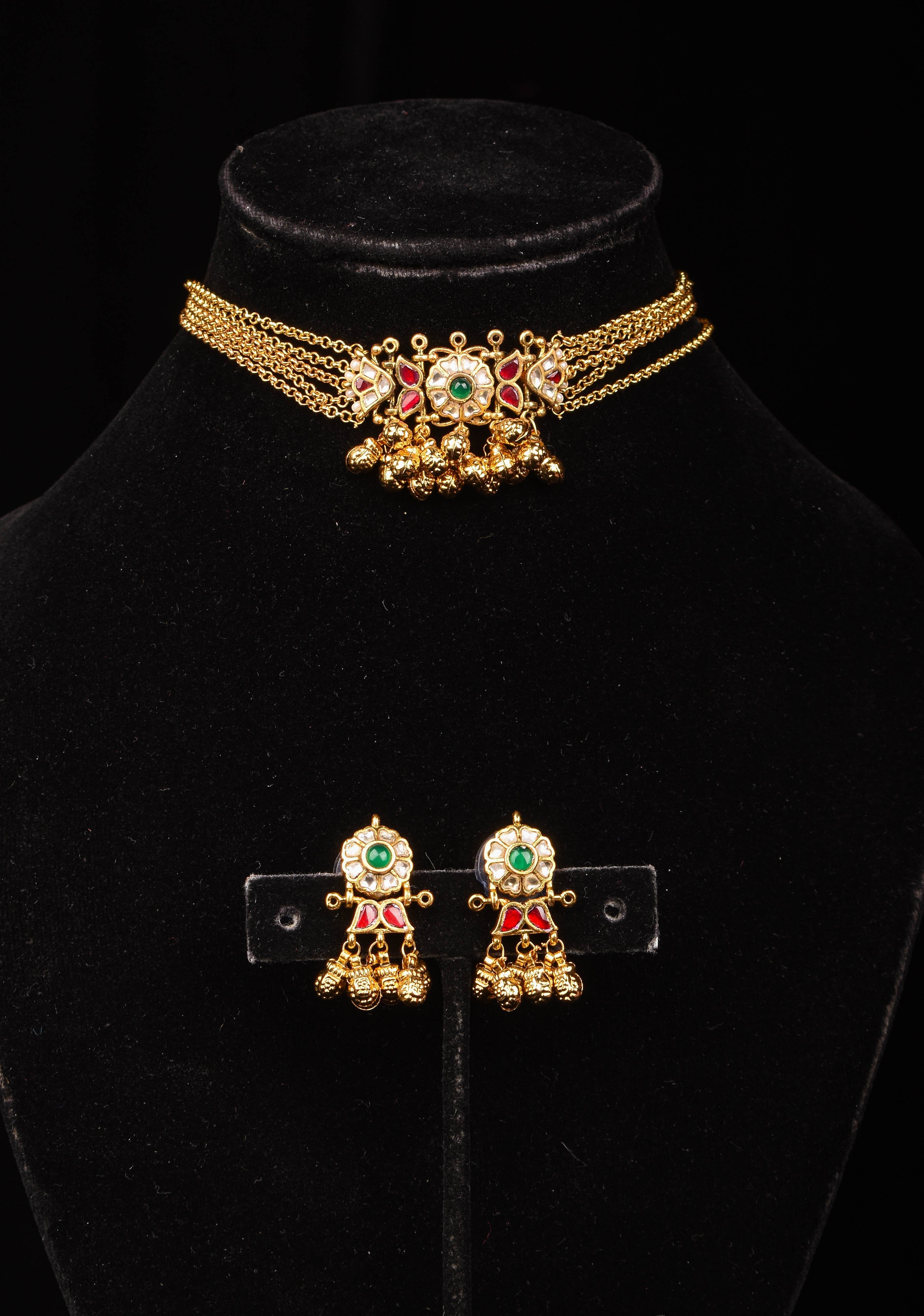 5-Strand Gold Chain Necklace Set with Floral Pendant and Pearls | SHOBITAM