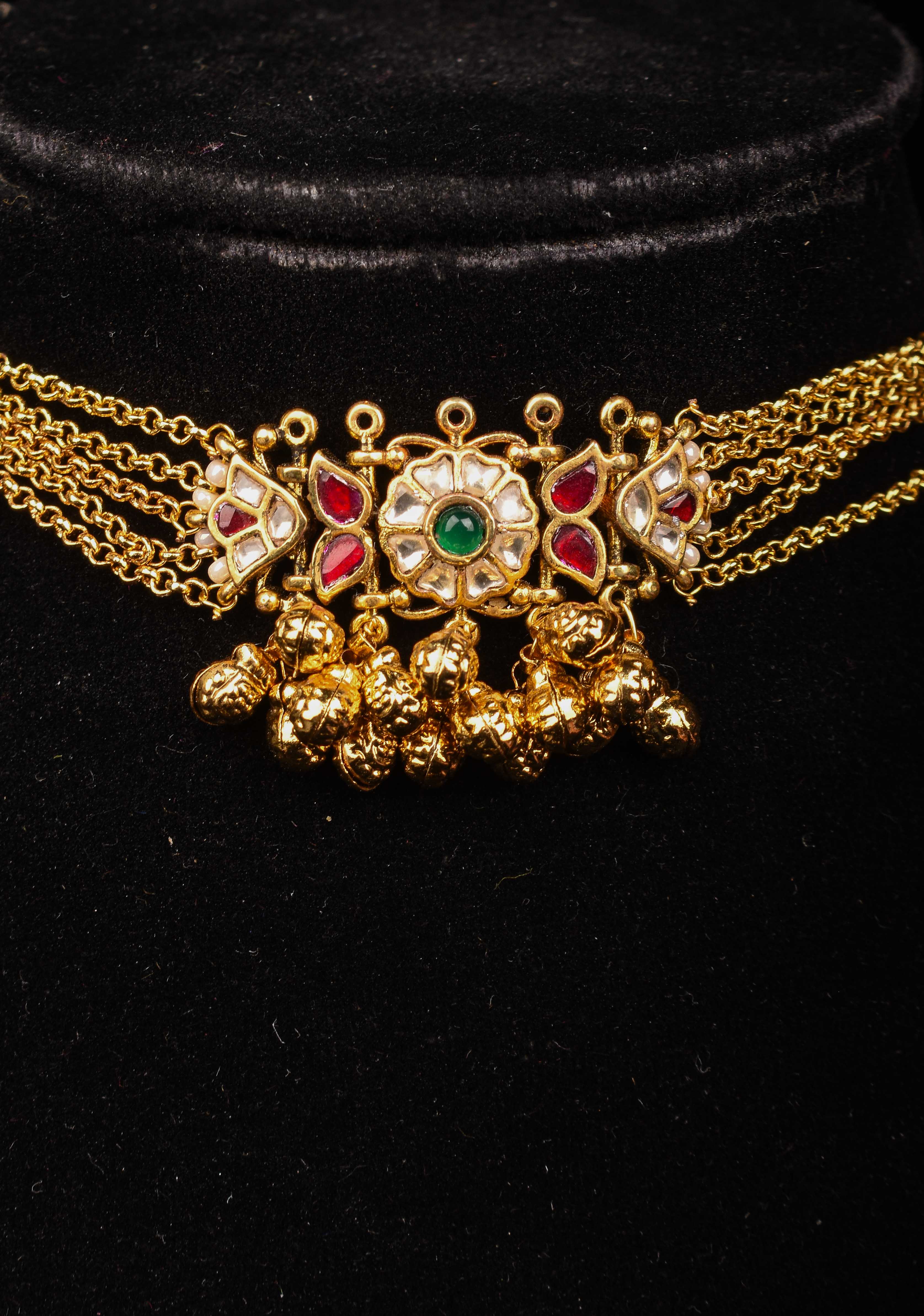 5-Strand Gold Chain Necklace Set with Floral Pendant and Pearls | SHOBITAM