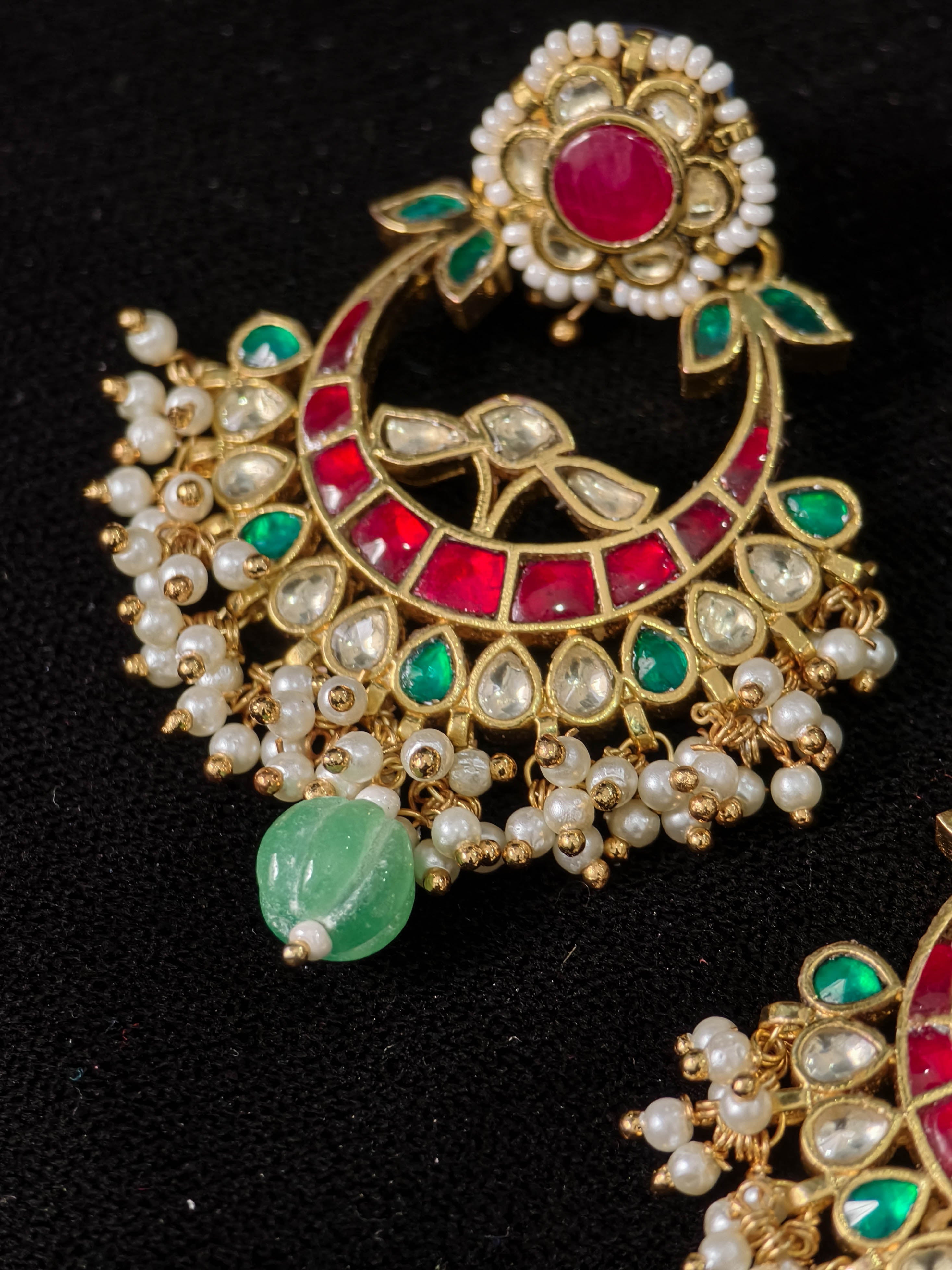 2.25" Jadau Chandbali Earrings with Kundan Stone Detailing | SHOBITAM