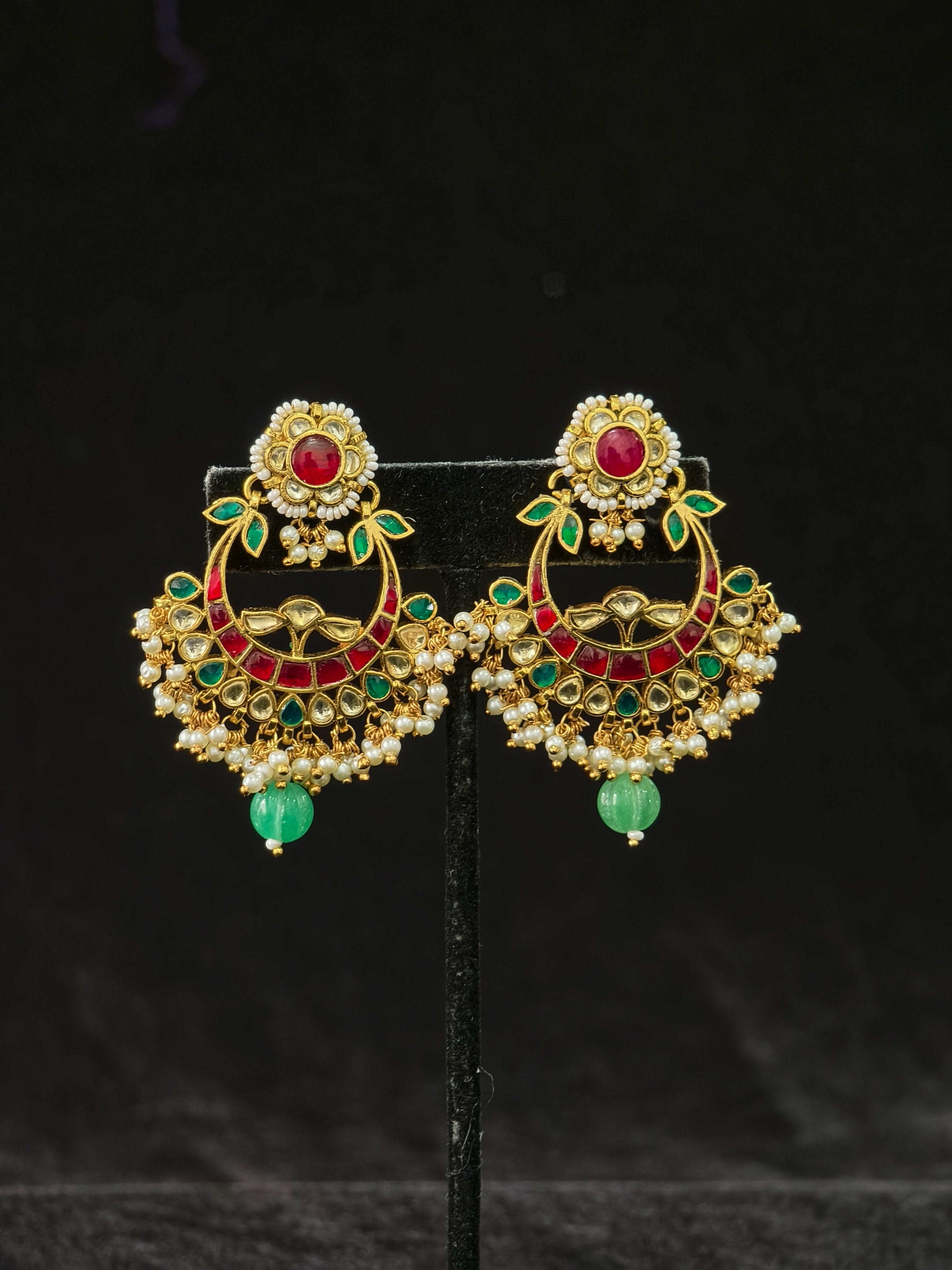 2.25" Jadau Chandbali Earrings with Kundan Stone Detailing | SHOBITAM