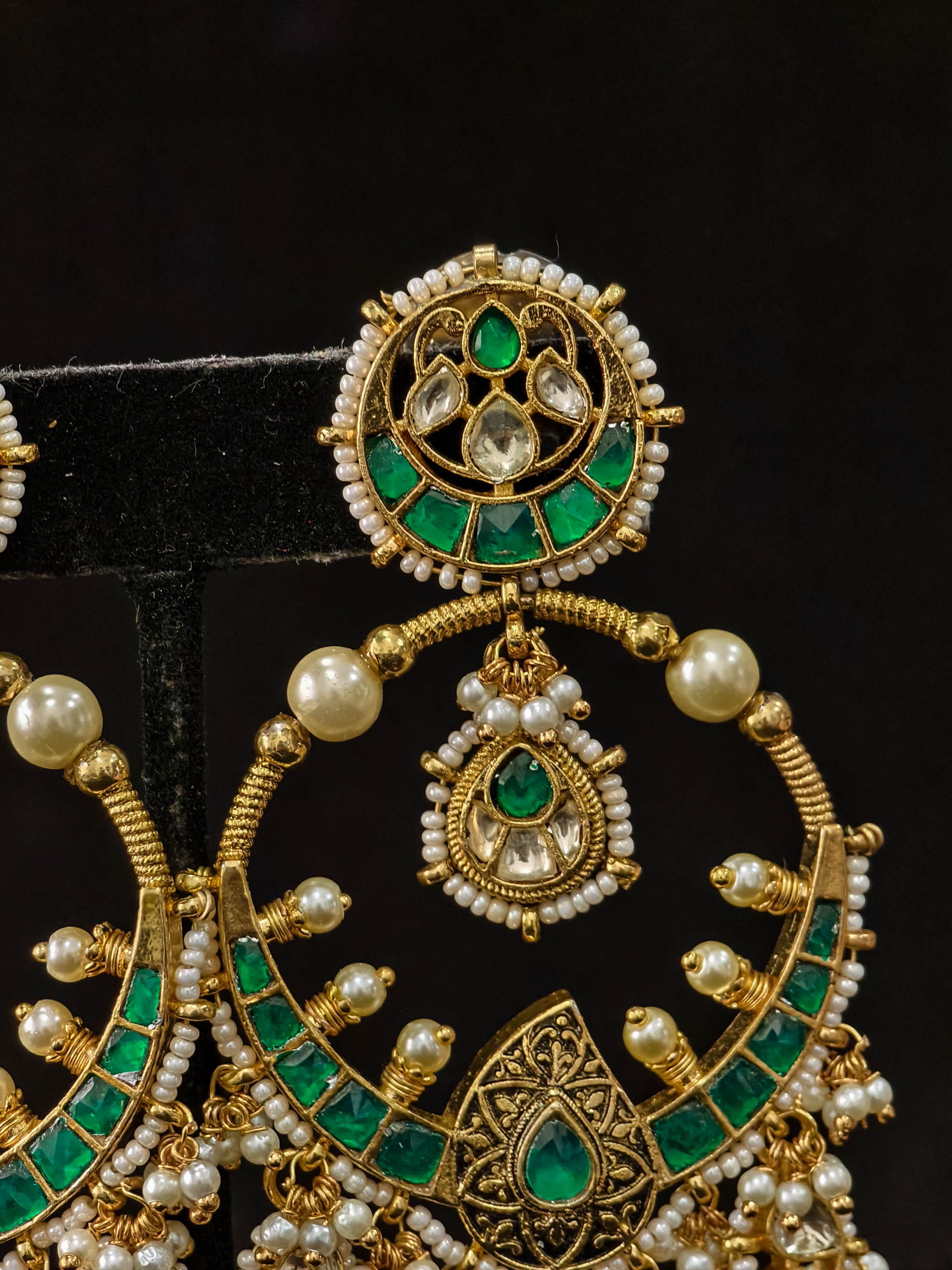 Grandiose 4" Chandbalis with Ahmedabadi Kundan Jadau Detailing with Green Stones | Shobitam