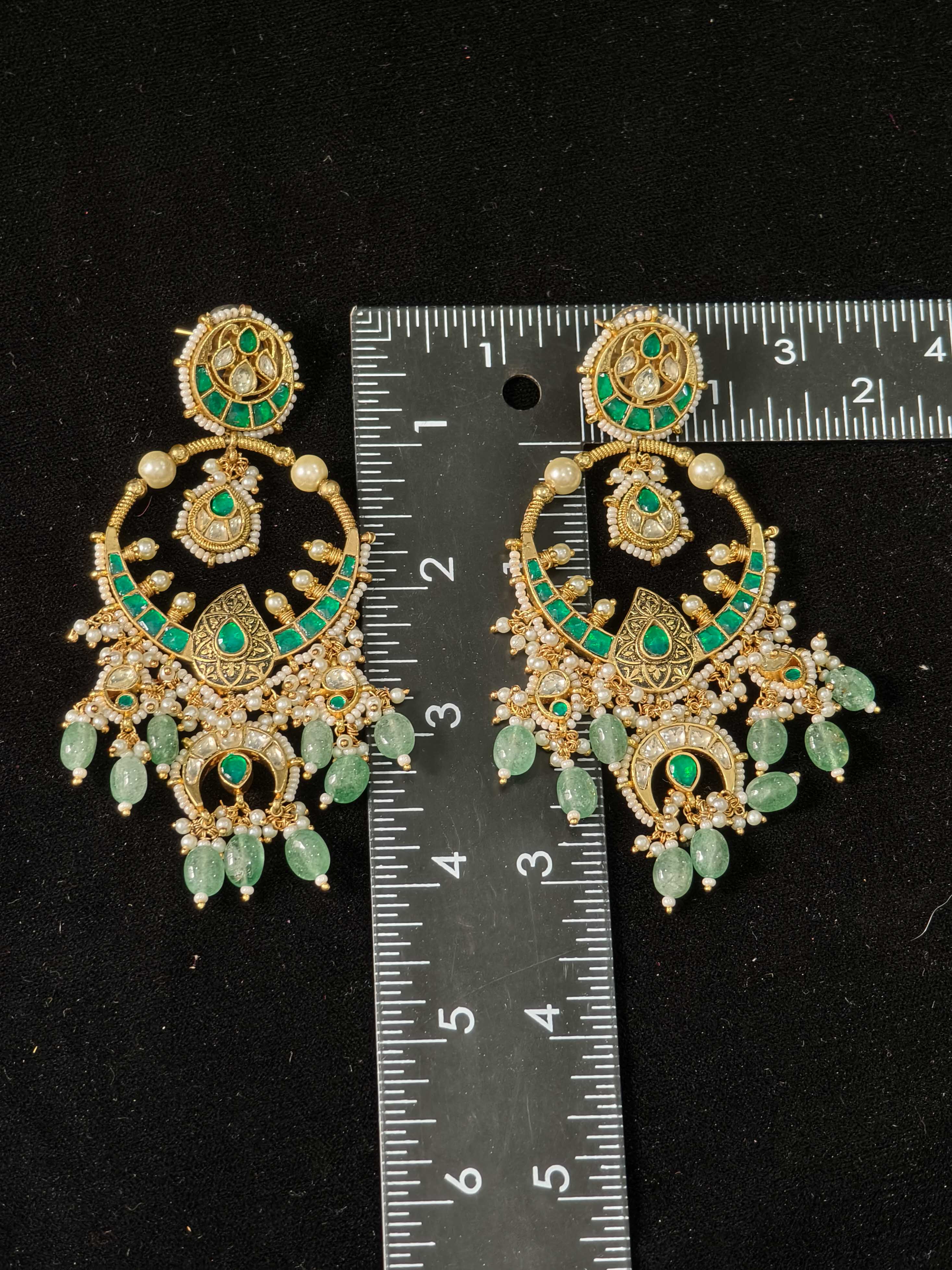 Grandiose 4" Chandbalis with Ahmedabadi Kundan Jadau Detailing with Green Stones | Shobitam