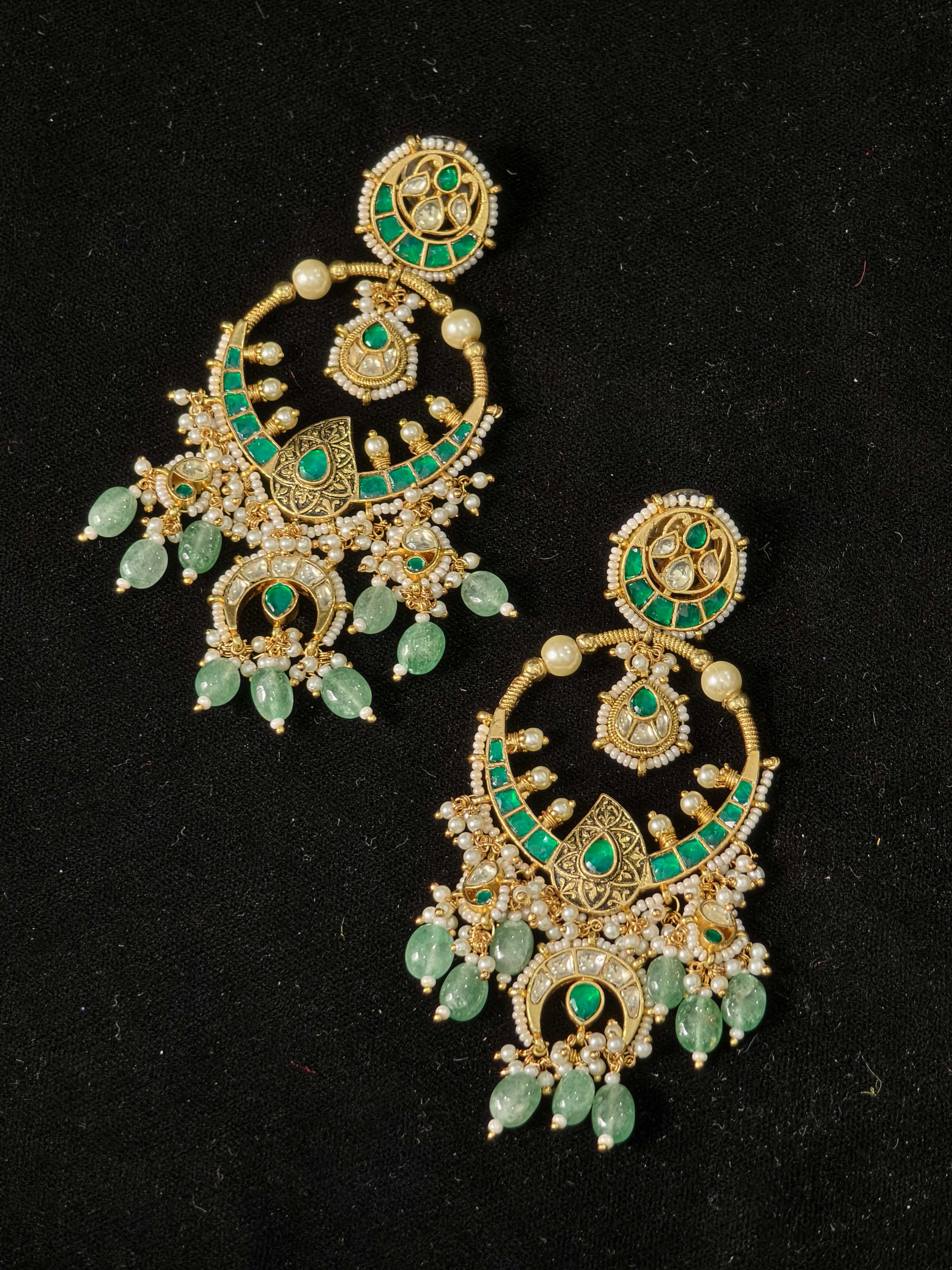 Grandiose 4" Chandbalis with Ahmedabadi Kundan Jadau Detailing with Green Stones | Shobitam
