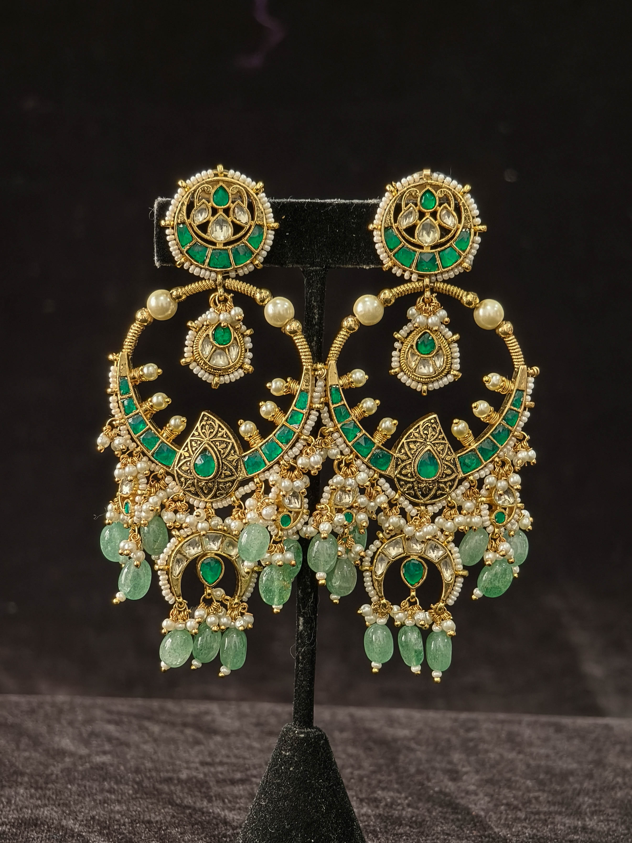 Grandiose 4" Chandbalis with Ahmedabadi Kundan Jadau Detailing with Green Stones | Shobitam