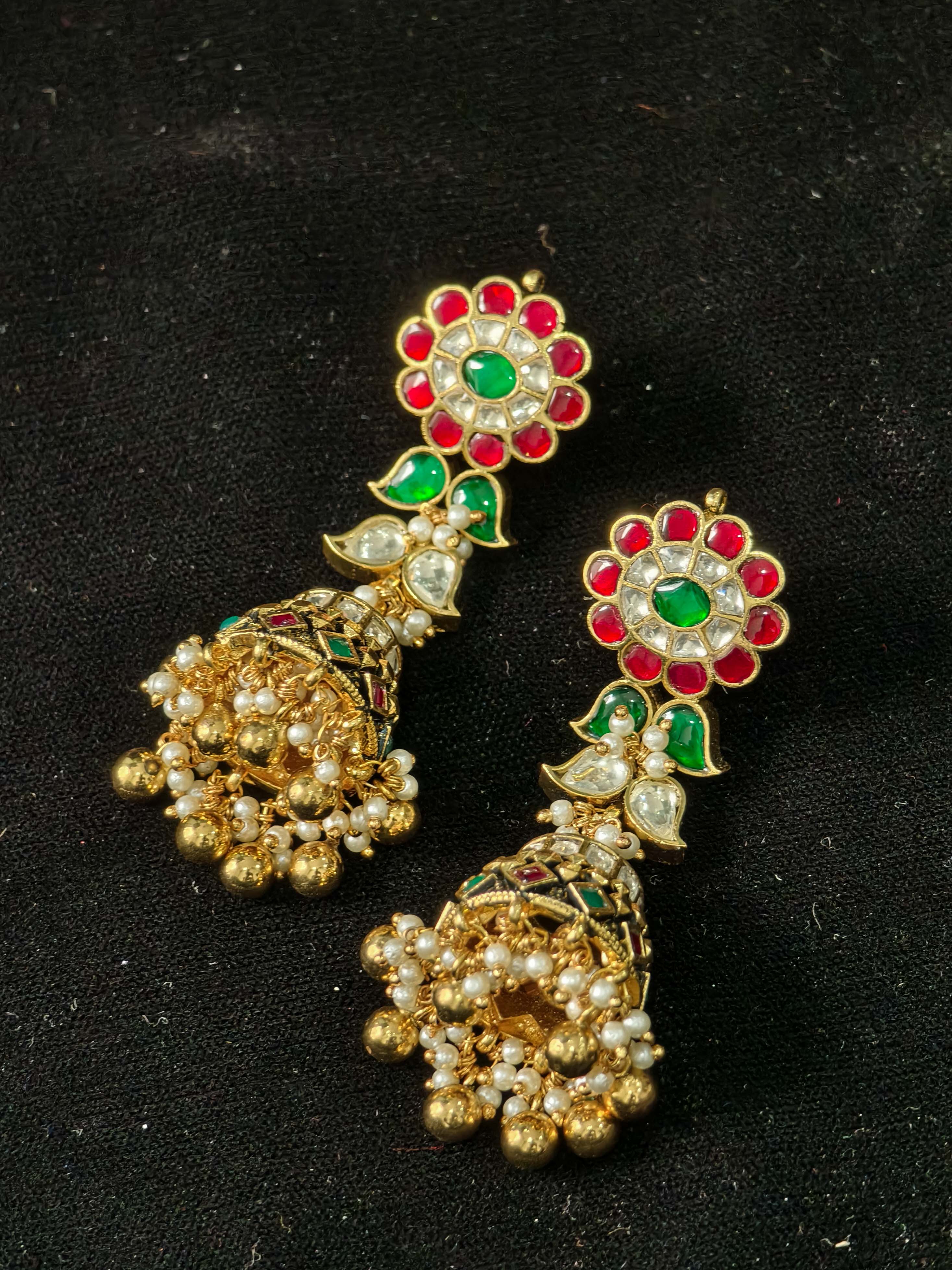 Ahmedabadi Jadau Jhumka with floral studs and slender design | Shobitam