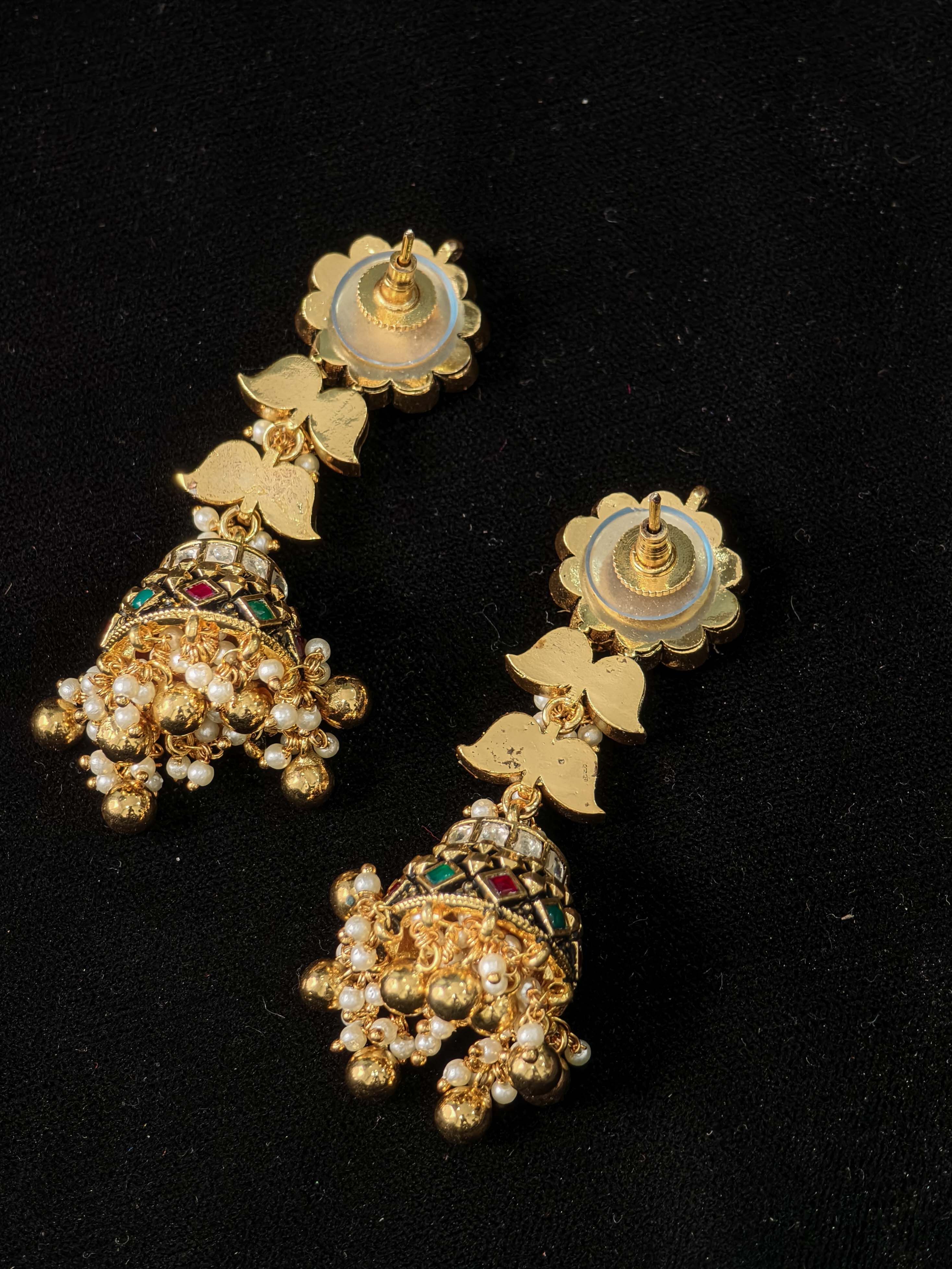 Ahmedabadi Jadau Jhumka with floral studs and slender design | Shobitam