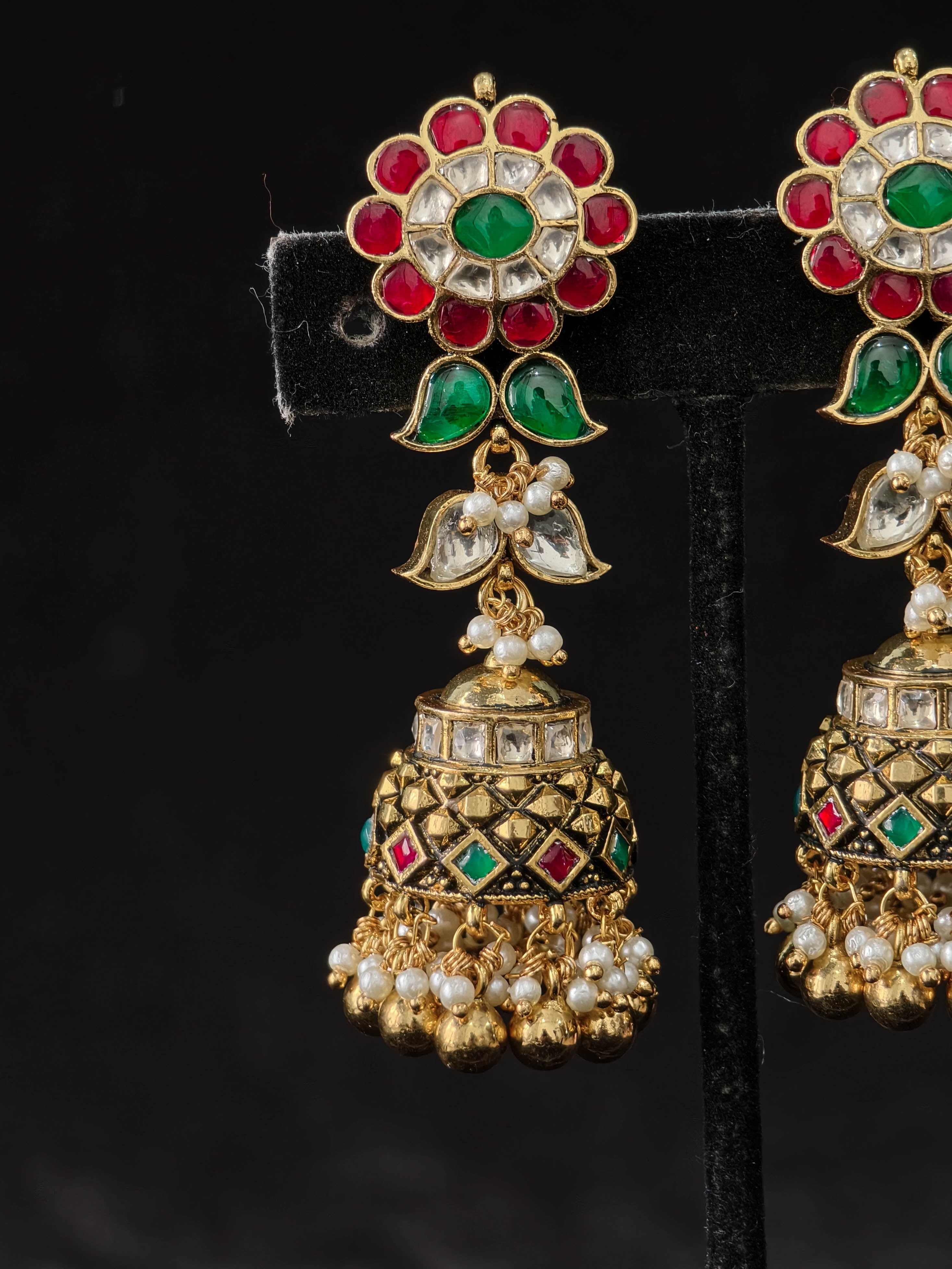 Ahmedabadi Jadau Jhumka with floral studs and slender design | Shobitam