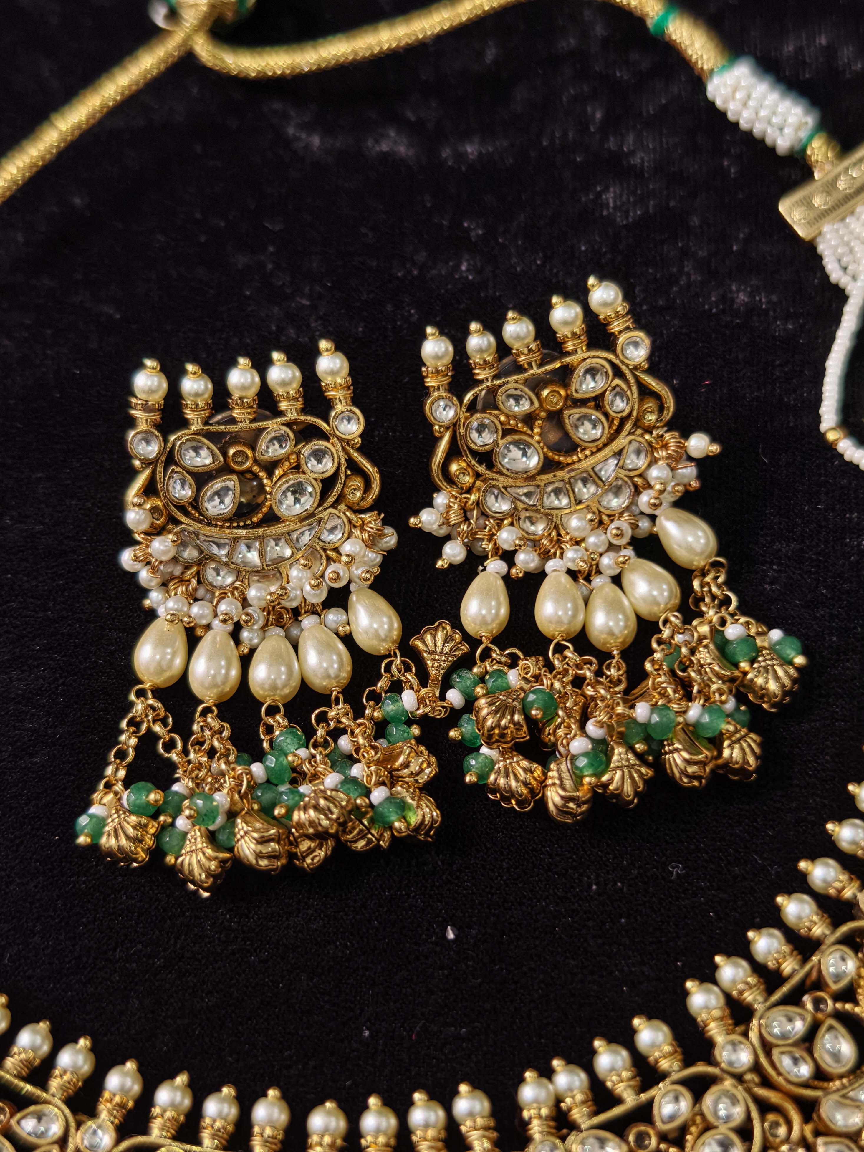 Rajwadi Ahmedabadi Jadau Necklace and Earrings Set with dangling chains design | SHOBITAM