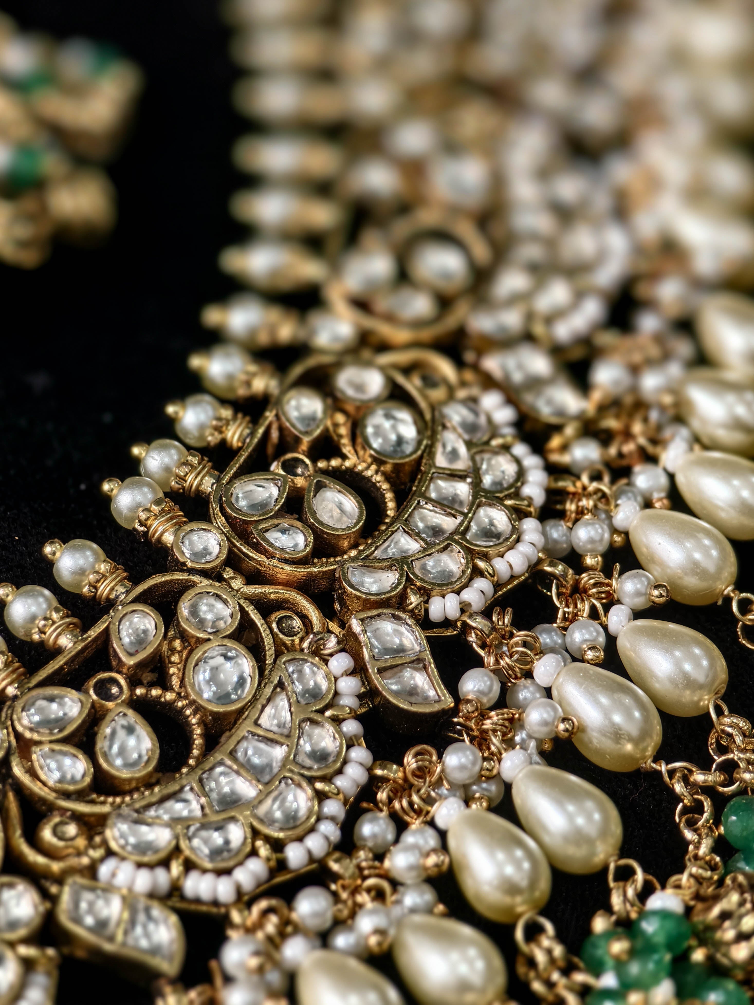Rajwadi Ahmedabadi Jadau Necklace and Earrings Set with dangling chains design | SHOBITAM