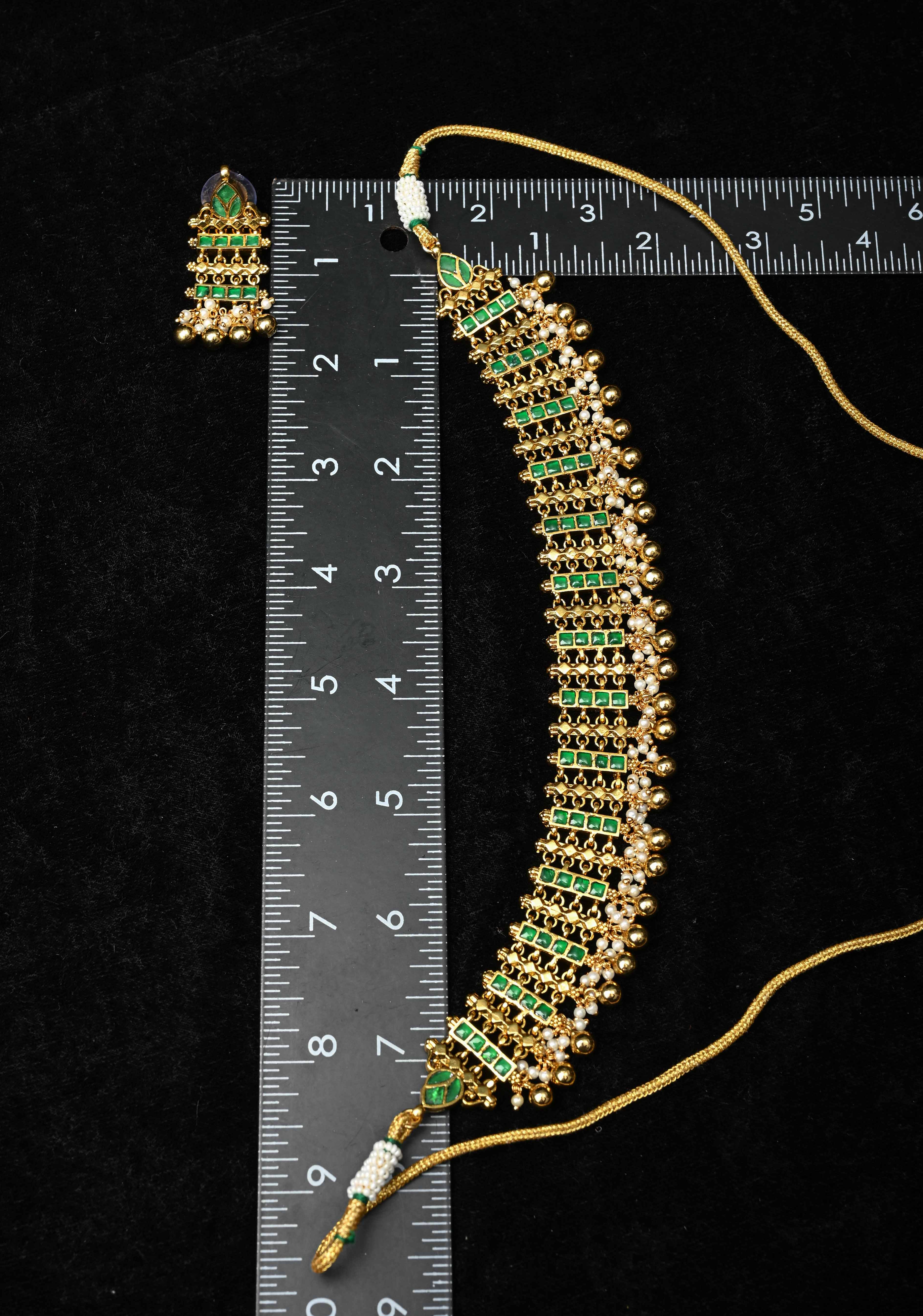 Ahmedabadi Jadau Linkig design Necklace Handmade Set with Green stone Embellishments and Beads Drops | SHOBITAM