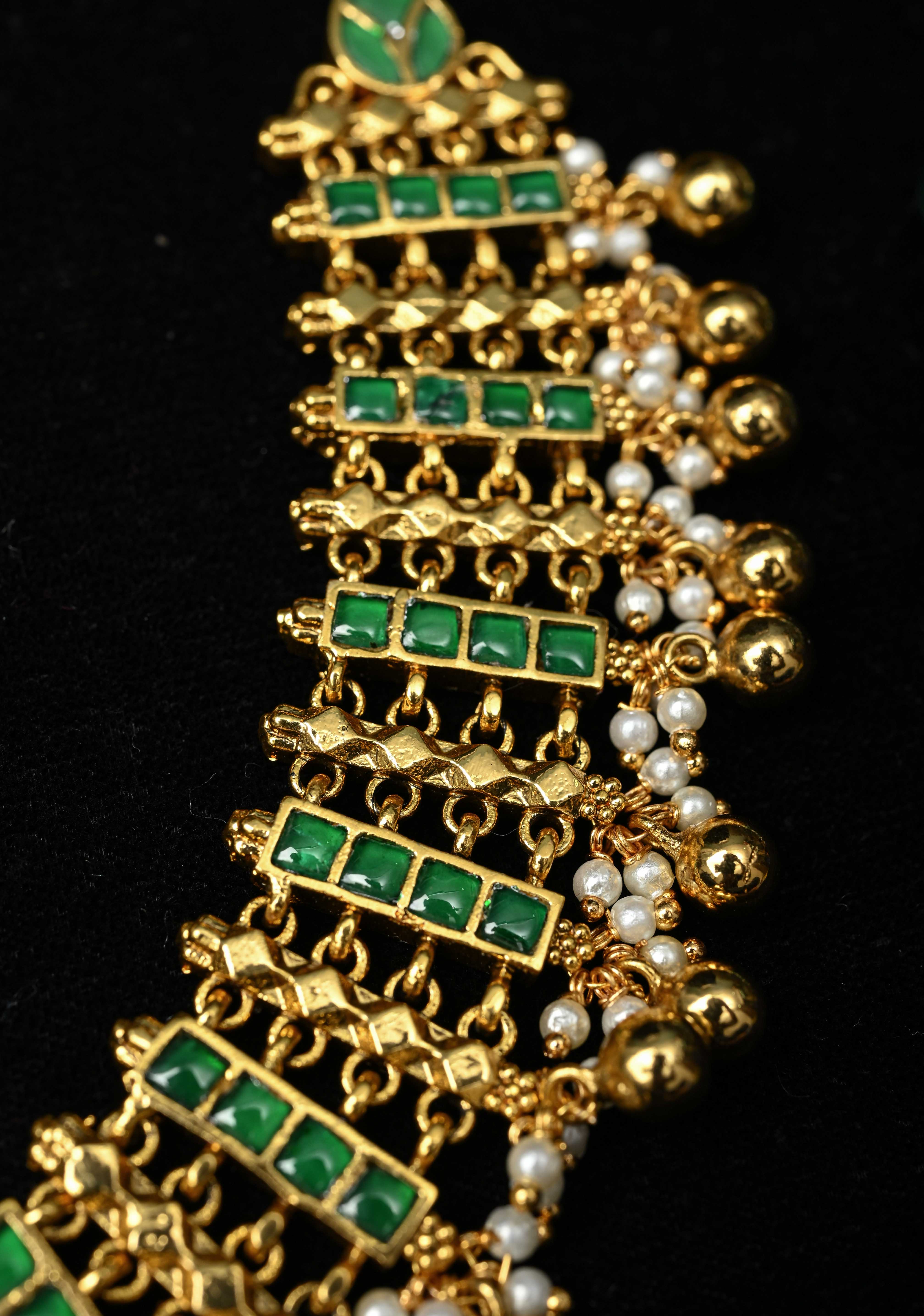 Ahmedabadi Jadau Linkig design Necklace Handmade Set with Green stone Embellishments and Beads Drops | SHOBITAM