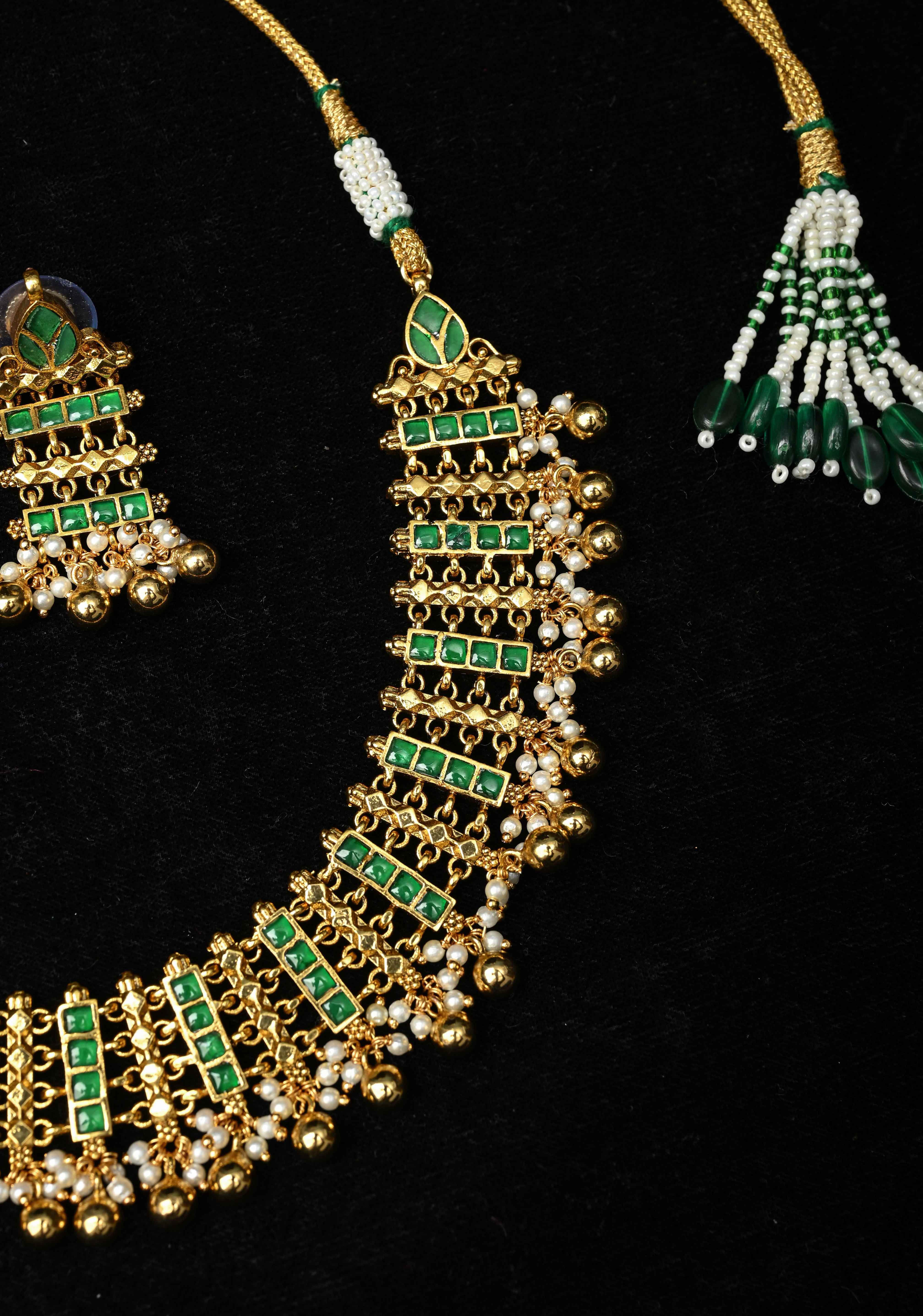 Ahmedabadi Jadau Linkig design Necklace Handmade Set with Green stone Embellishments and Beads Drops | SHOBITAM