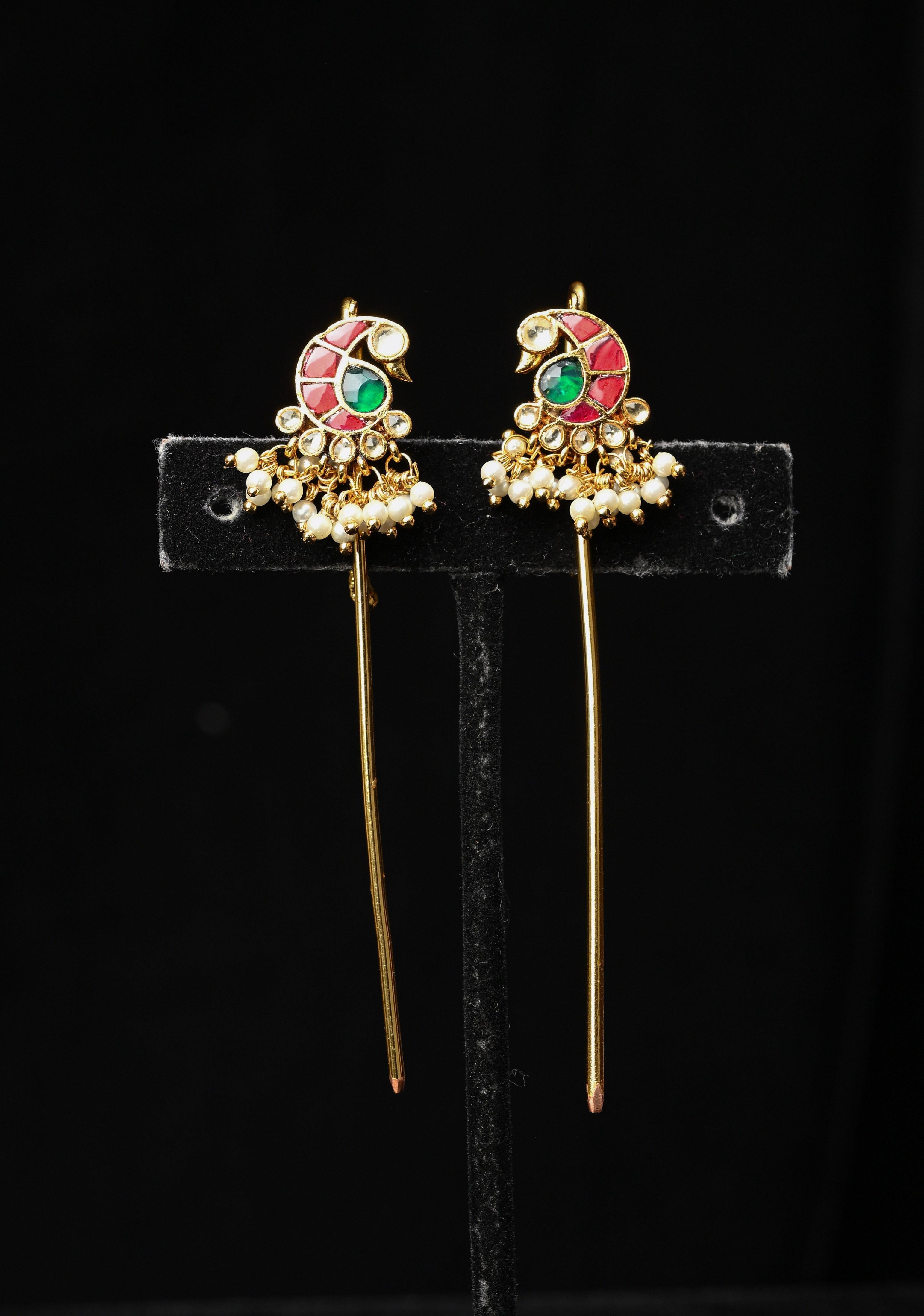 Gold Peacock Design Jadau Ear Cuff with Kemstone Accents and Pearls Drops | Shobitam