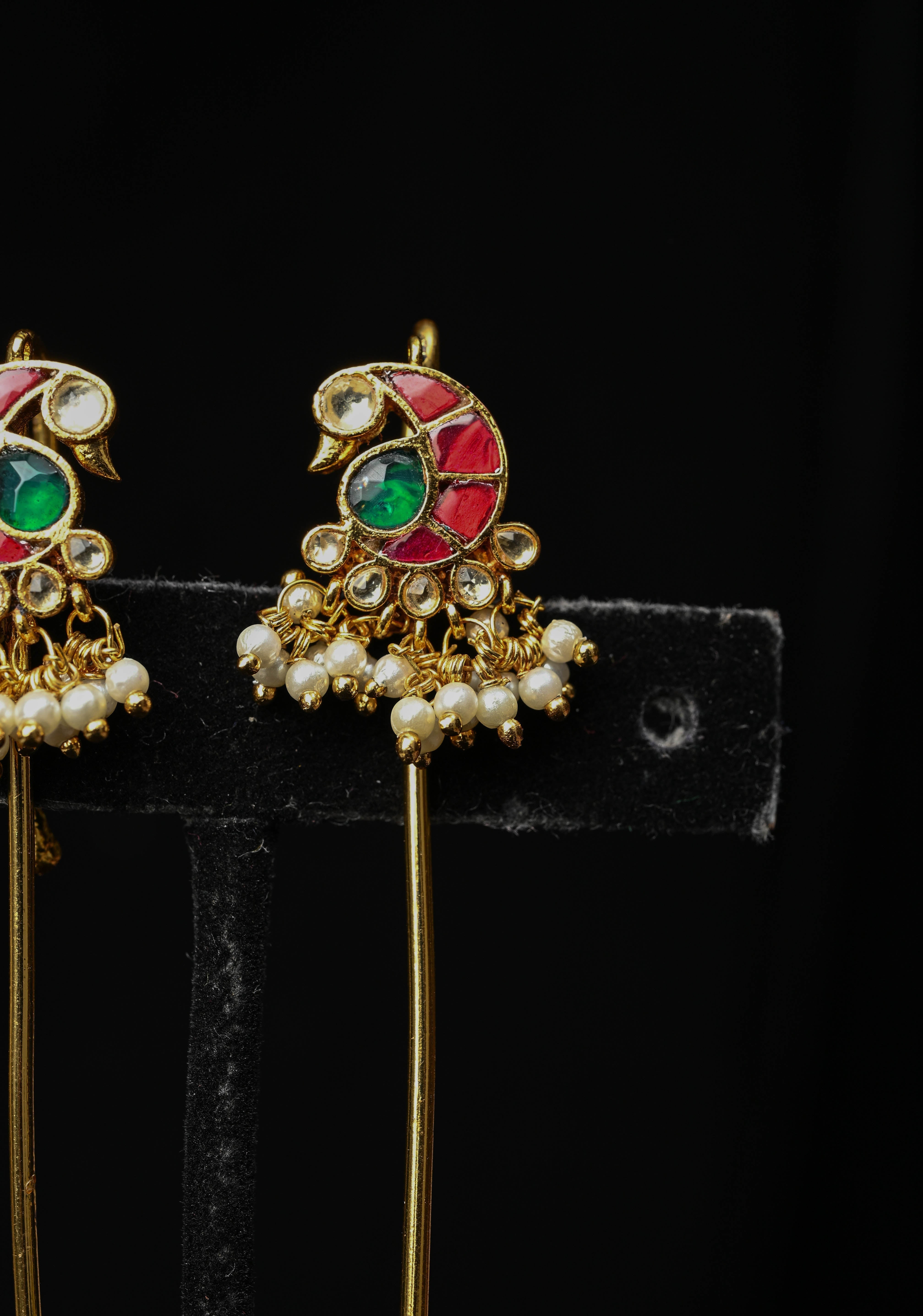 Gold Peacock Design Jadau Ear Cuff with Kemstone Accents and Pearls Drops | Shobitam