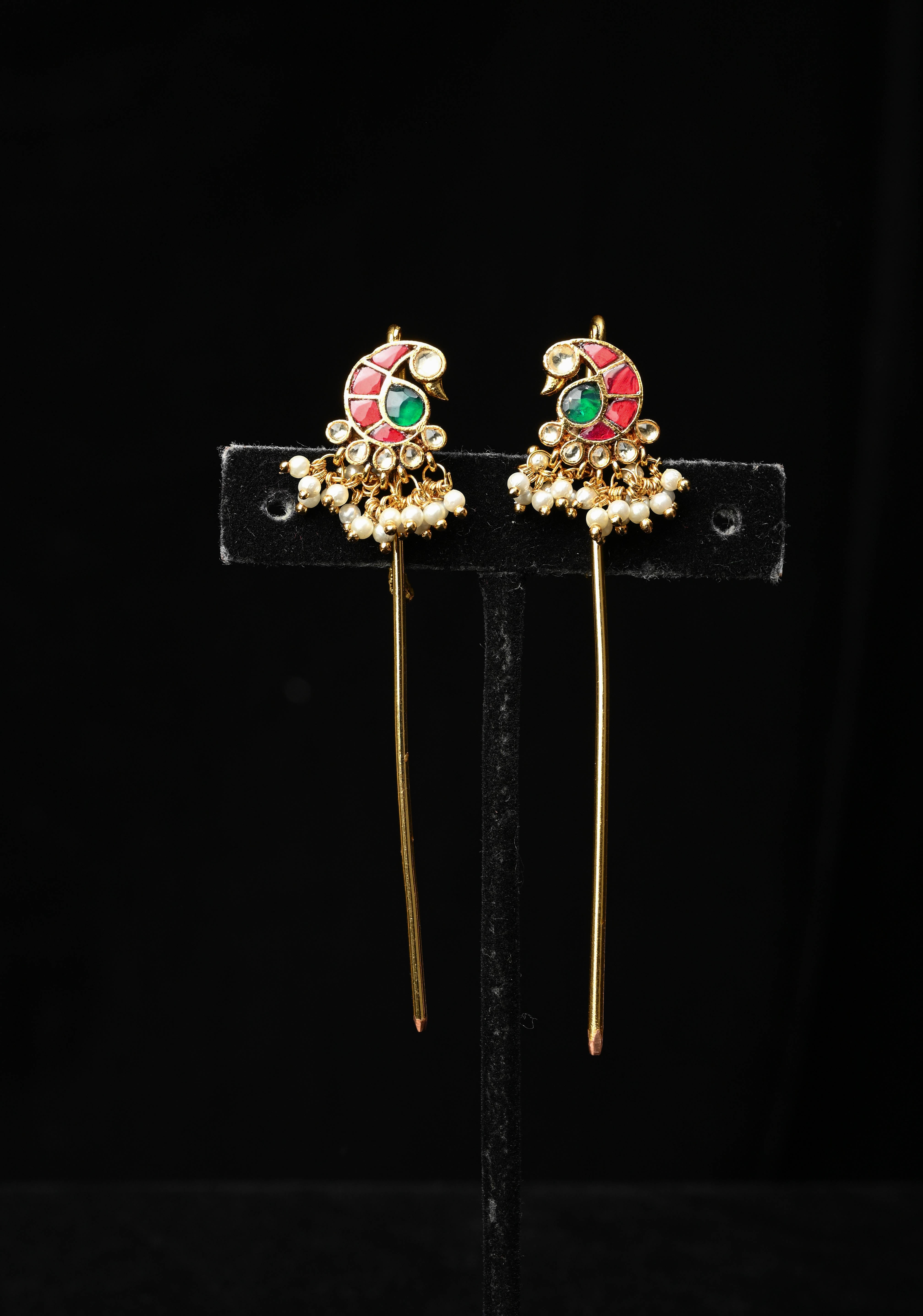 Gold Peacock Design Jadau Ear Cuff with Kemstone Accents and Pearls Drops | Shobitam