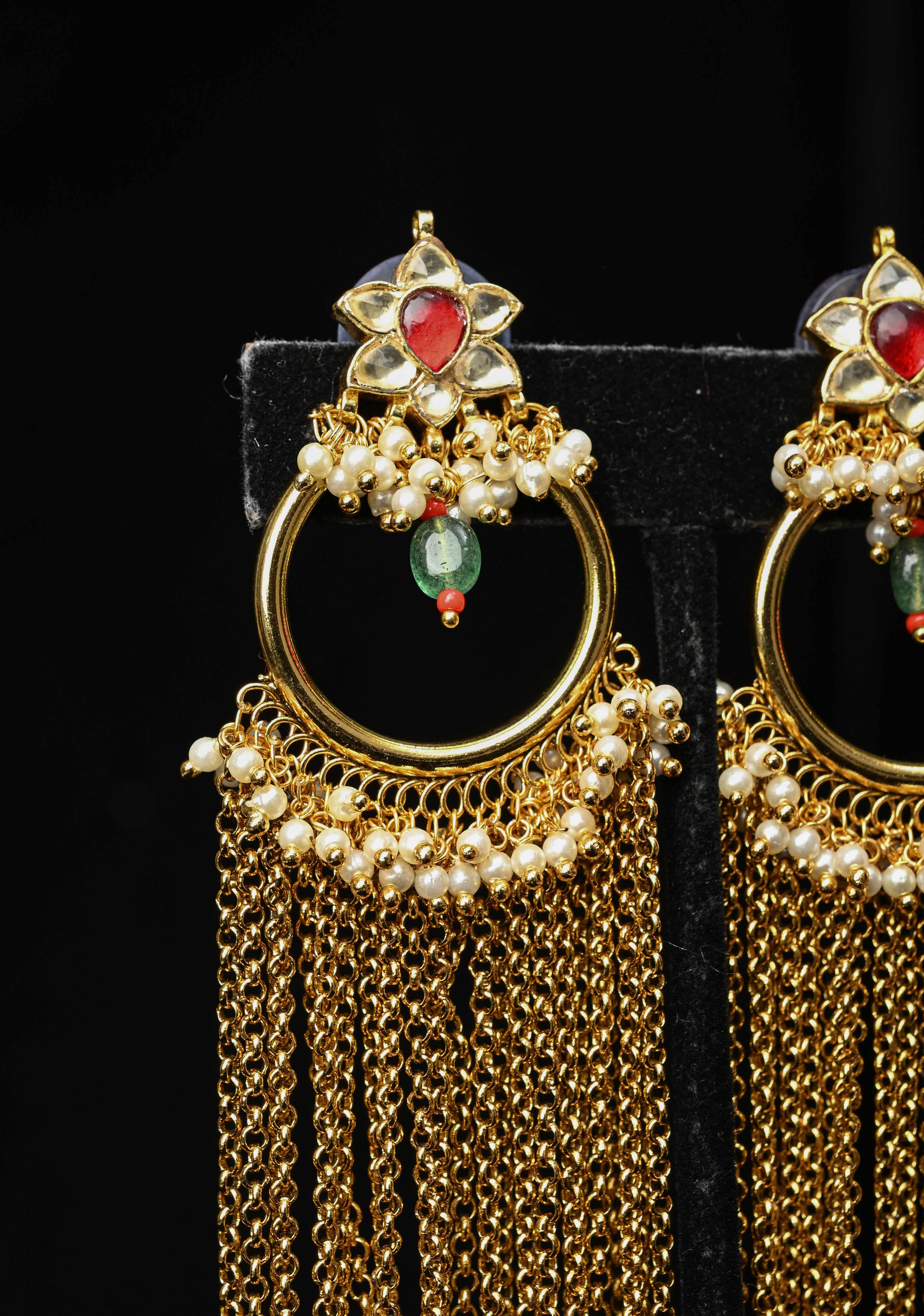 Ahmedabadi Jadau Kundan Tassel Earrings With Floral ring design and white, red stone | Shobitam