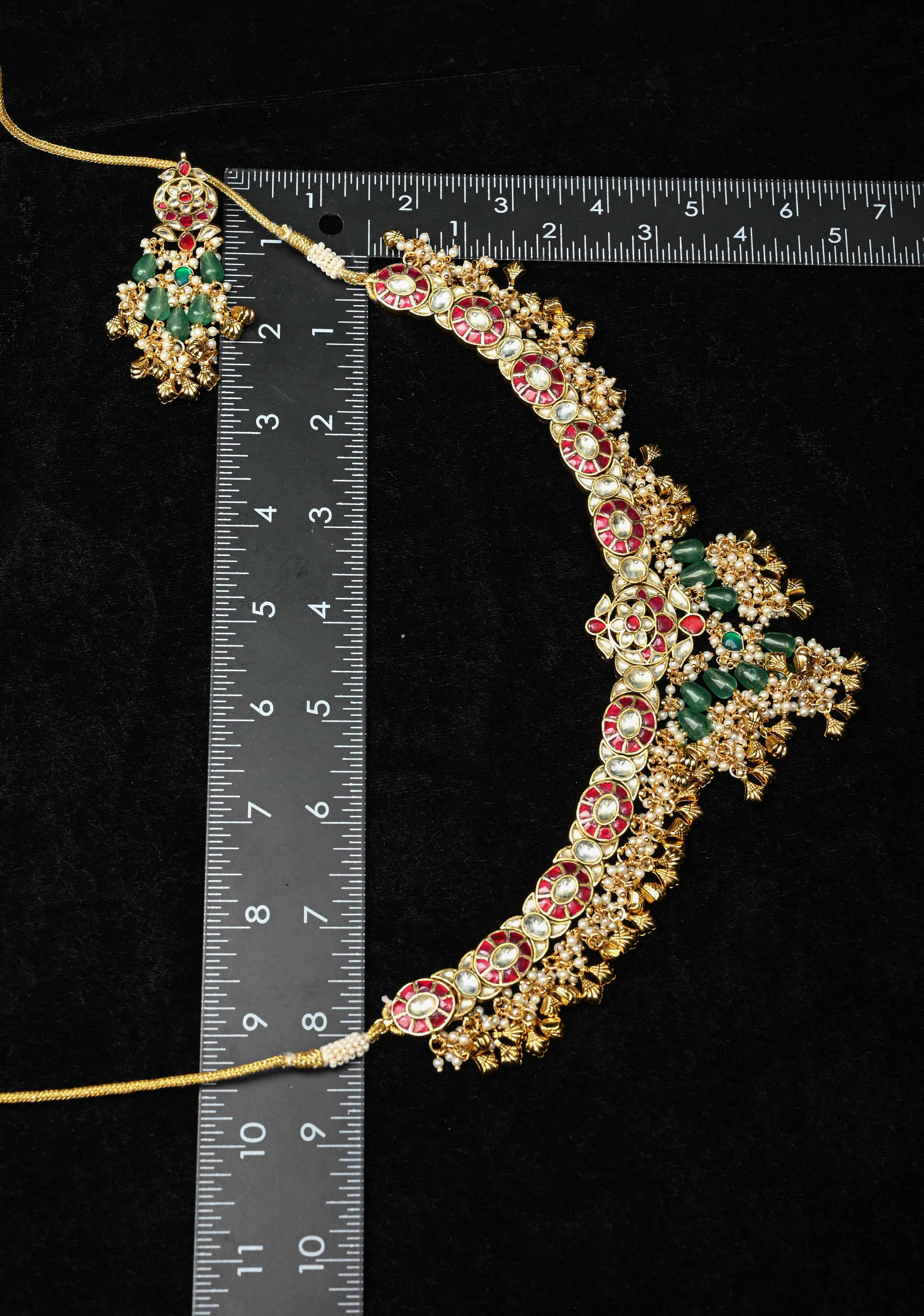 Ahmedabadi Jadau Kundan Necklace Set with Dangling beads | SHOBITAM