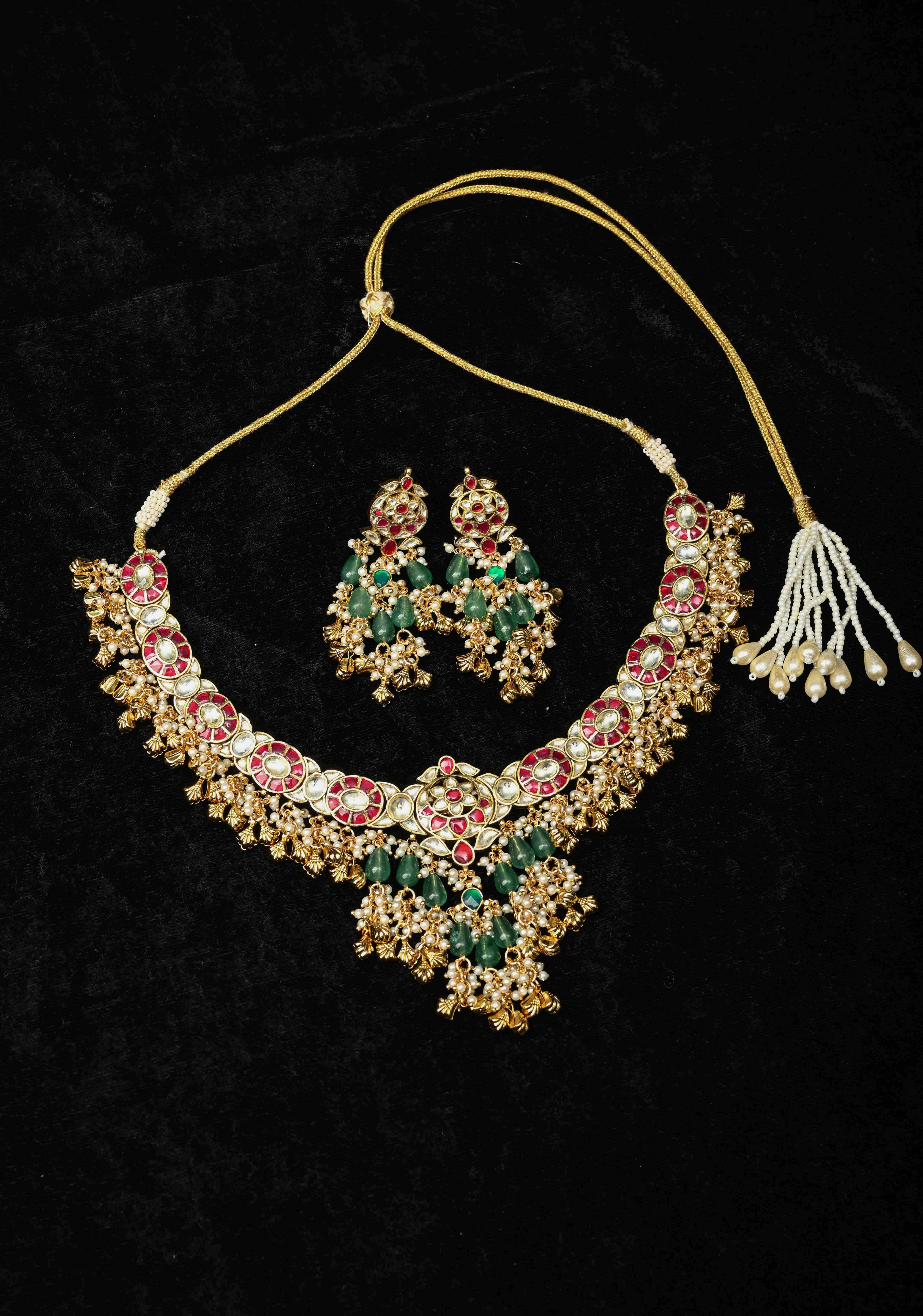 Ahmedabadi Jadau Kundan Necklace Set with Dangling beads | SHOBITAM