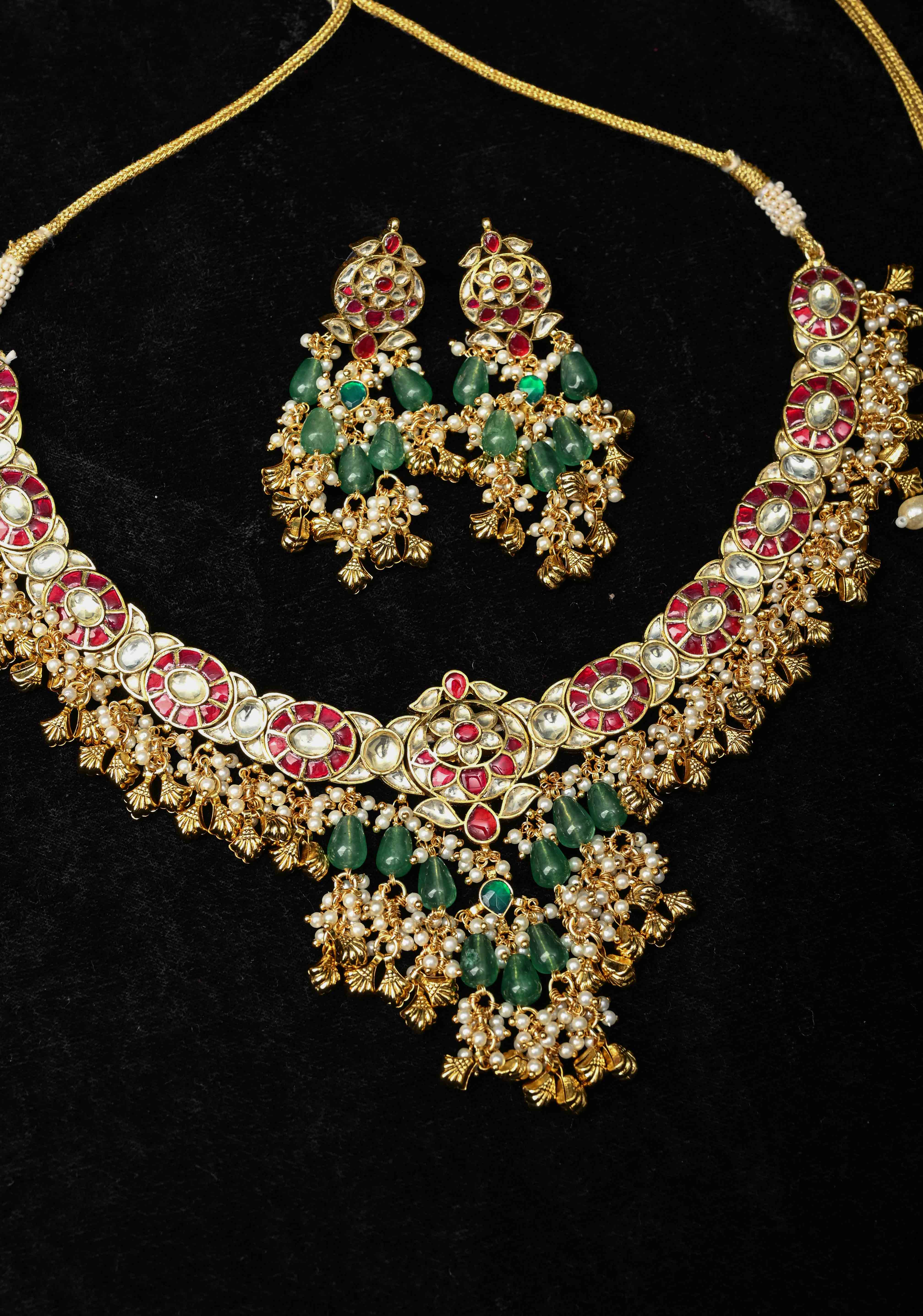 Ahmedabadi Jadau Kundan Necklace Set with Dangling beads | SHOBITAM
