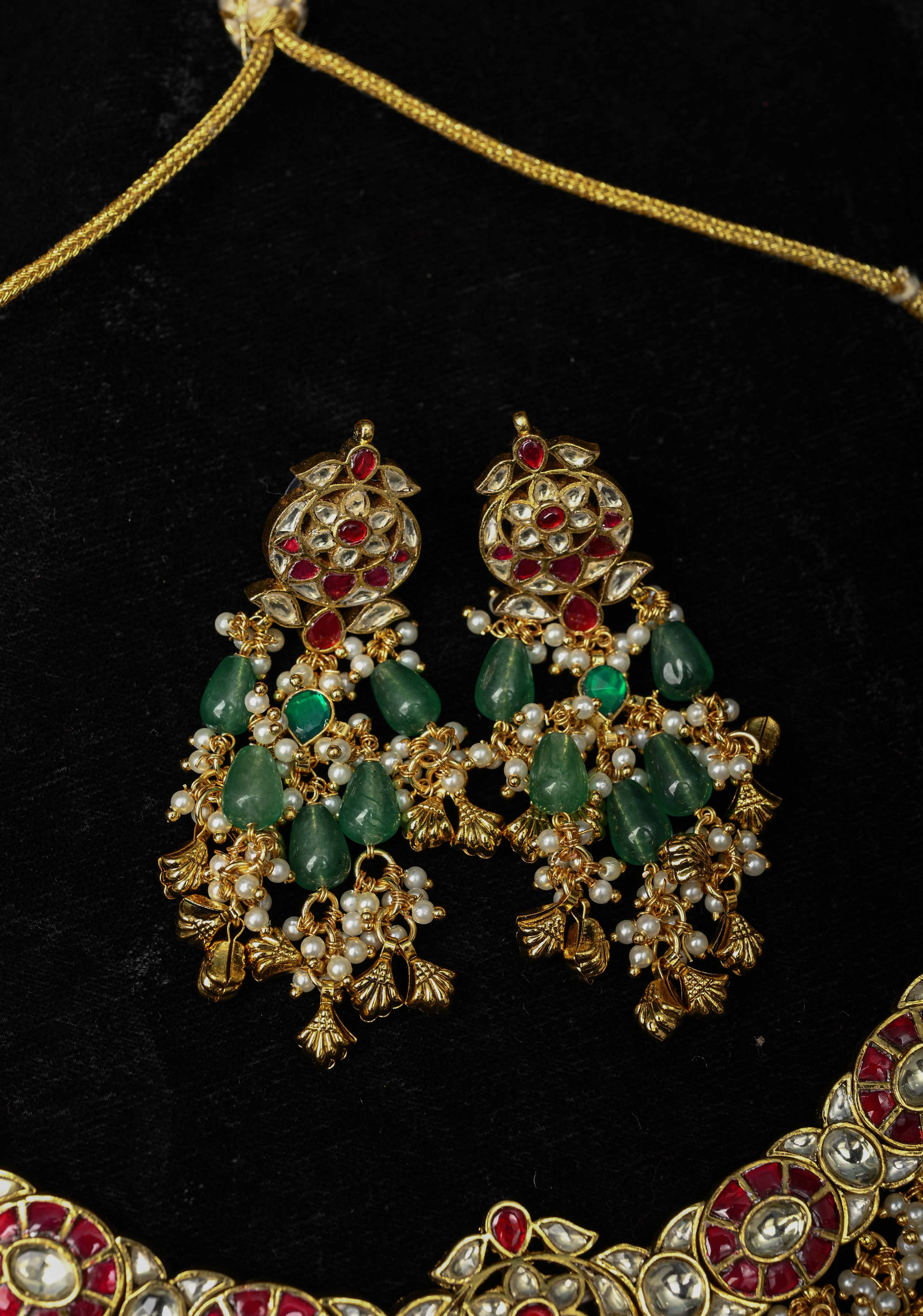 Ahmedabadi Jadau Kundan Necklace Set with Dangling beads | SHOBITAM