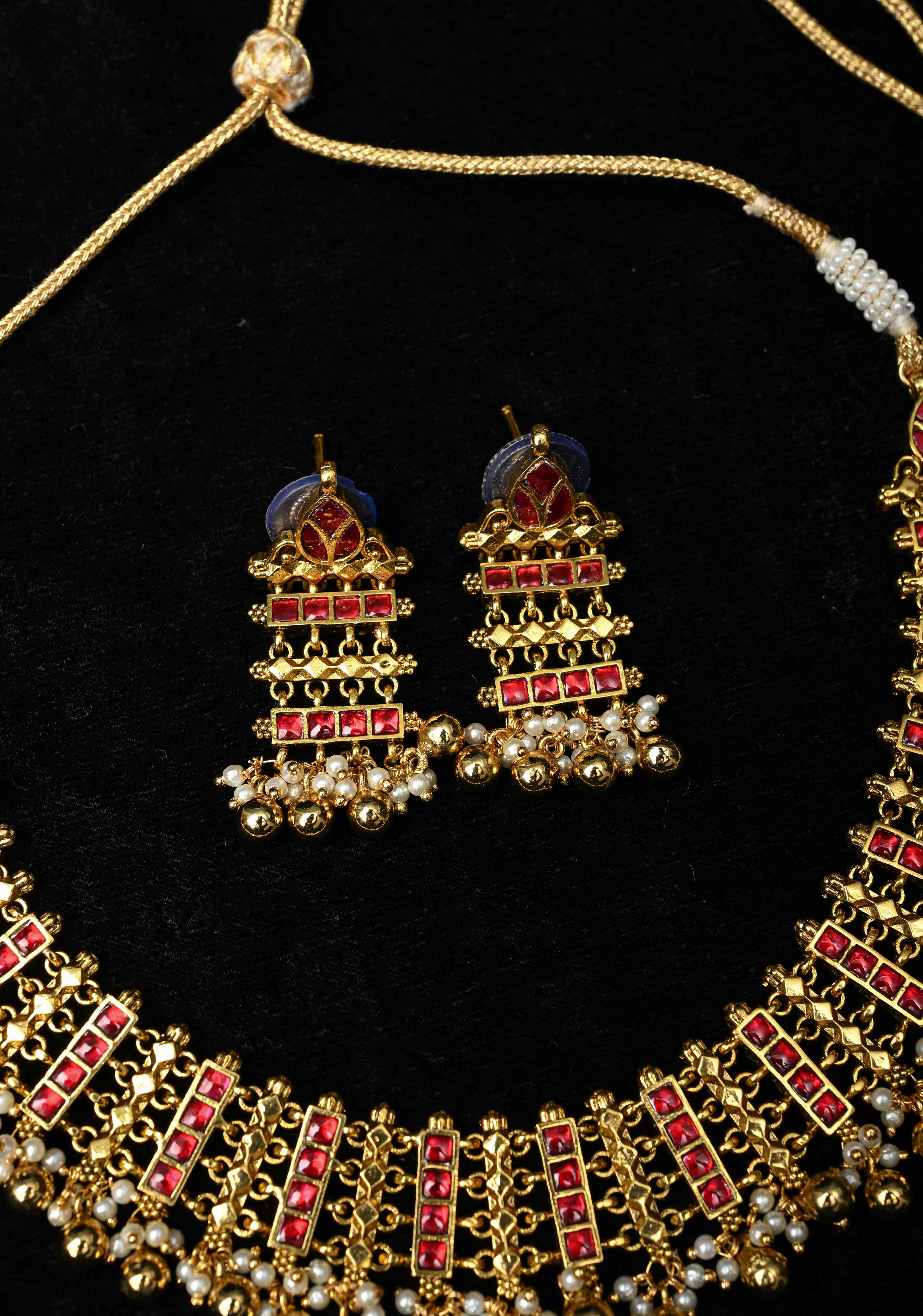Ethnic Indian Choker Set with Red stone Embellishments and Beads Drops | SHOBITAM