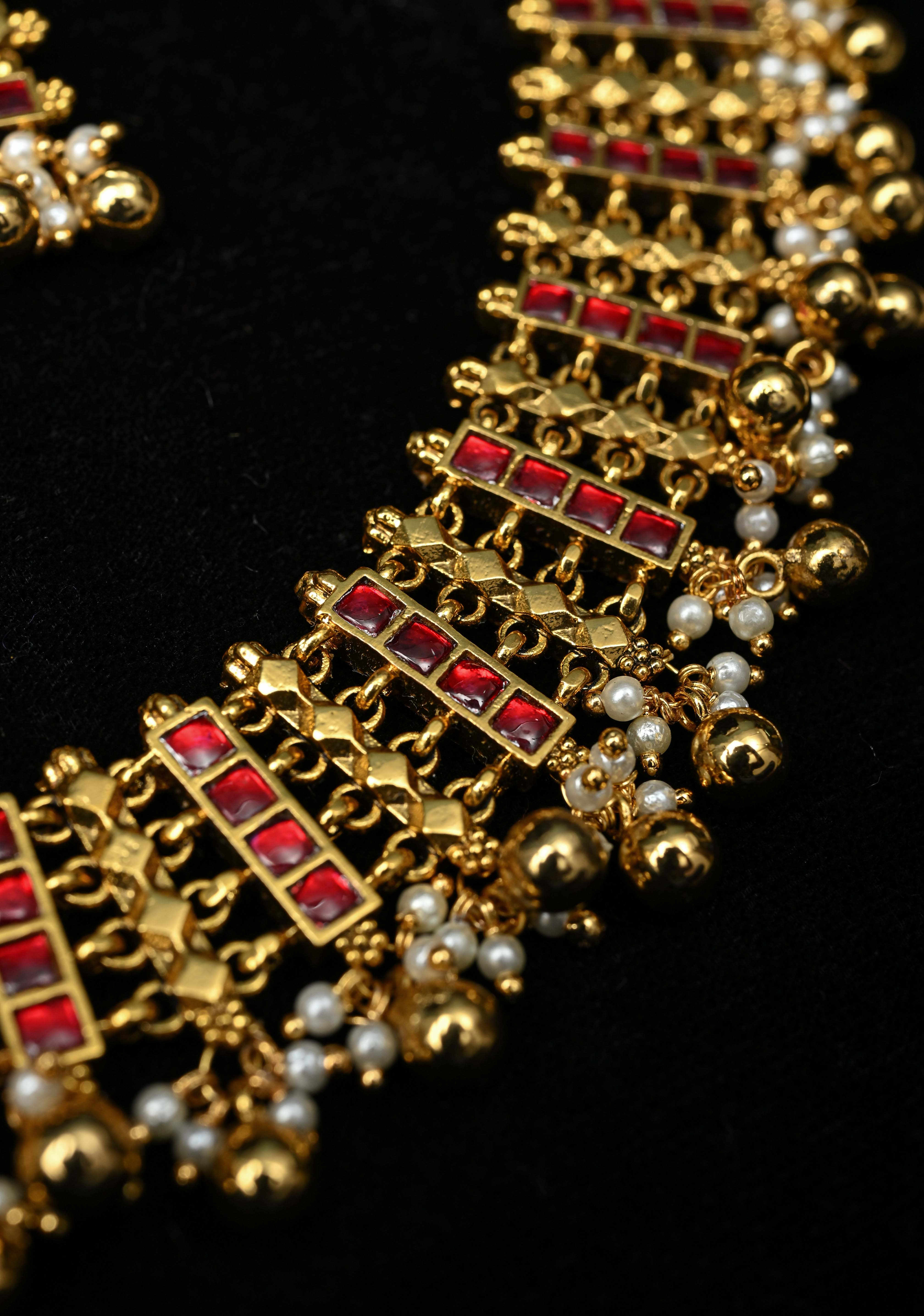 Ethnic Indian Choker Set with Red stone Embellishments and Beads Drops | SHOBITAM