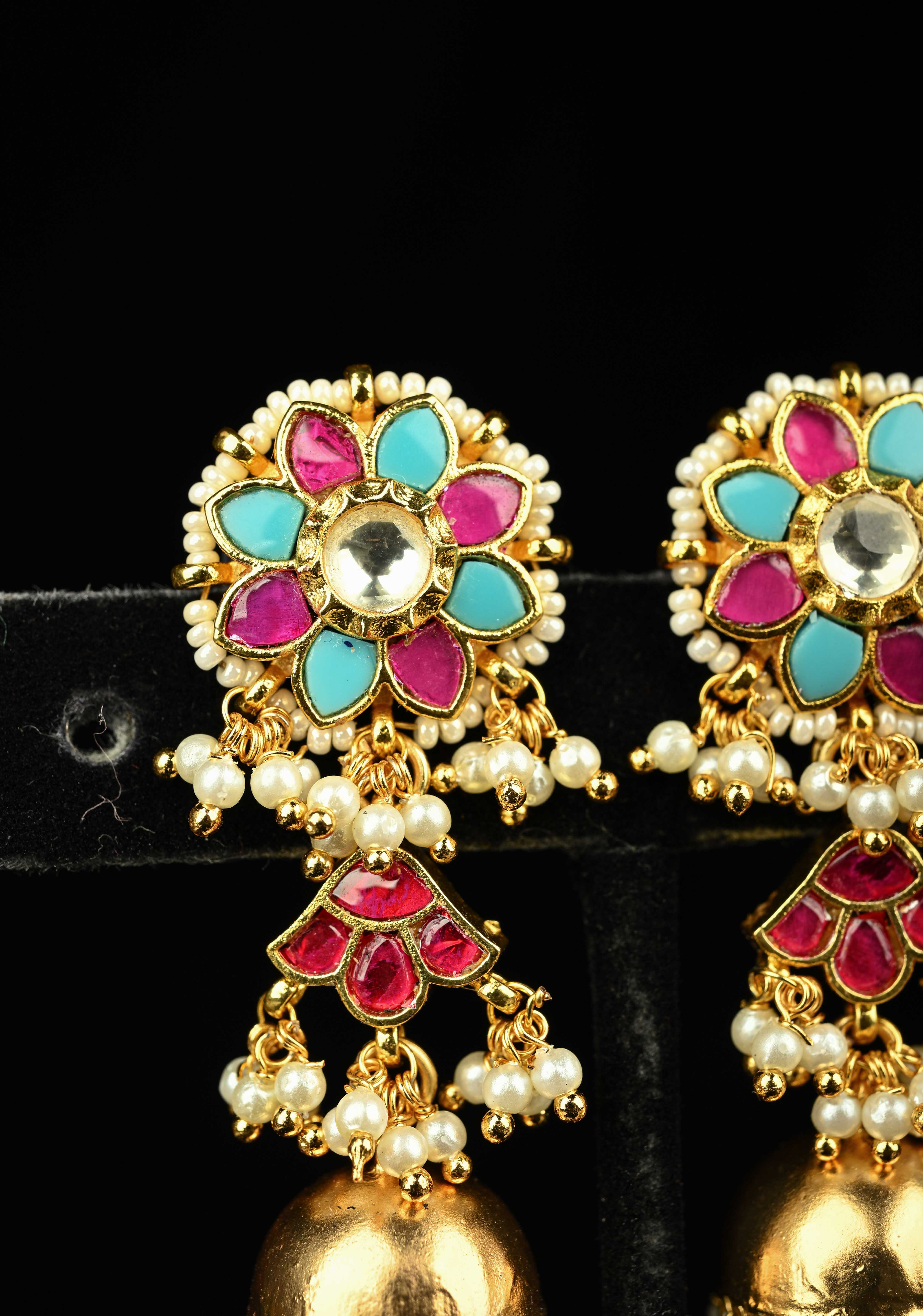 2.1" Magenta and Teal-Color Kundan and Beaded Jhumka Earrings | Shobitam