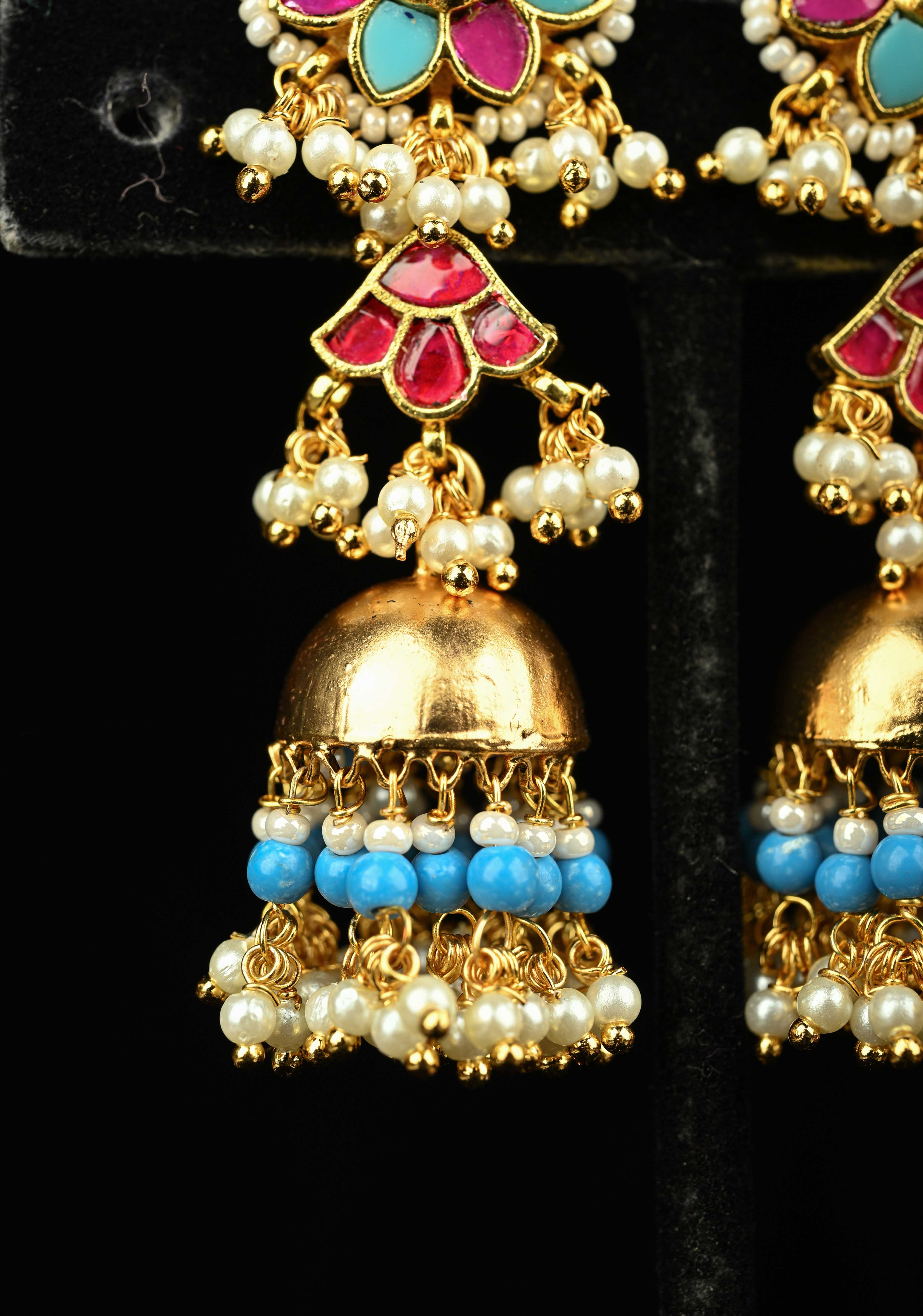 2.1" Magenta and Teal-Color Kundan and Beaded Jhumka Earrings | Shobitam