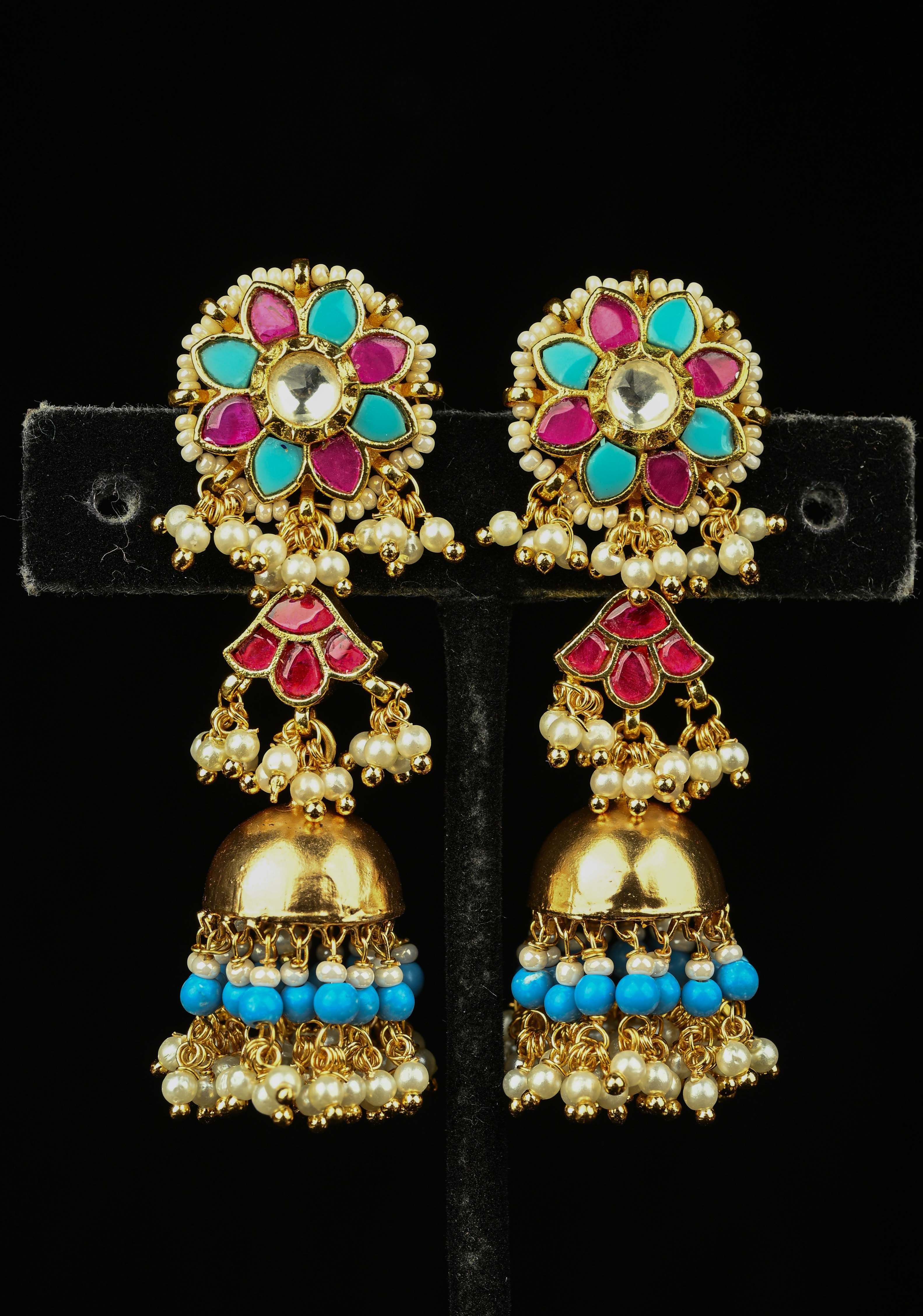2.1" Magenta and Teal-Color Kundan and Beaded Jhumka Earrings | Shobitam