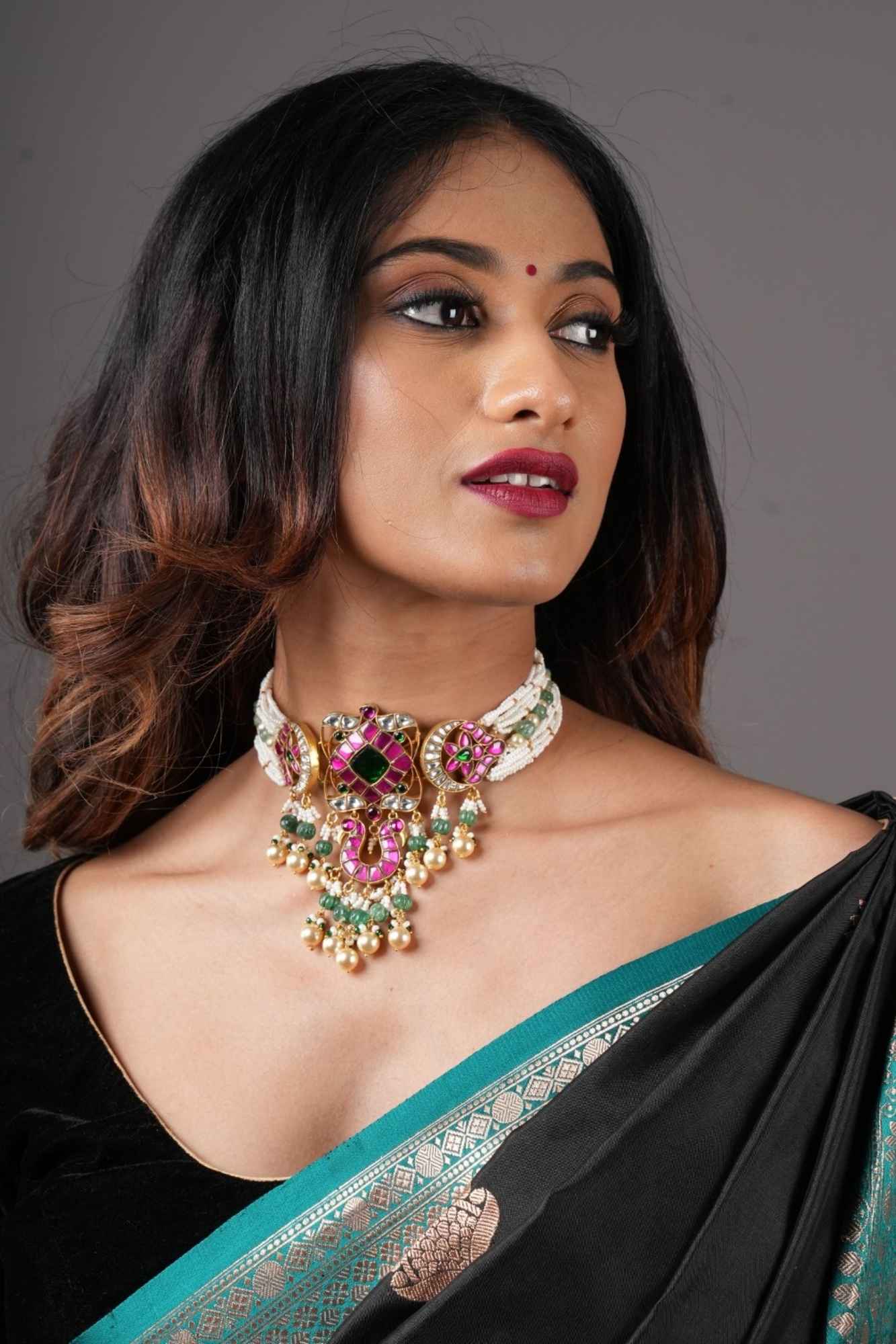 Kemp stone dual Peacock floral Pendant on pure pearls Multistrand necklace with green pearls Dangling Beads | Shobitam Jewelry