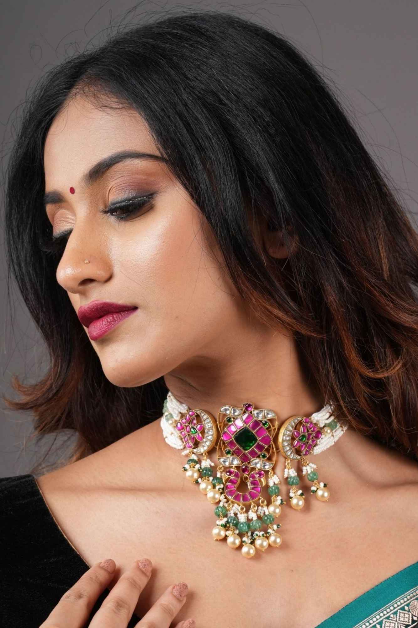 Kemp stone dual Peacock floral Pendant on pure pearls Multistrand necklace with green pearls Dangling Beads | Shobitam Jewelry