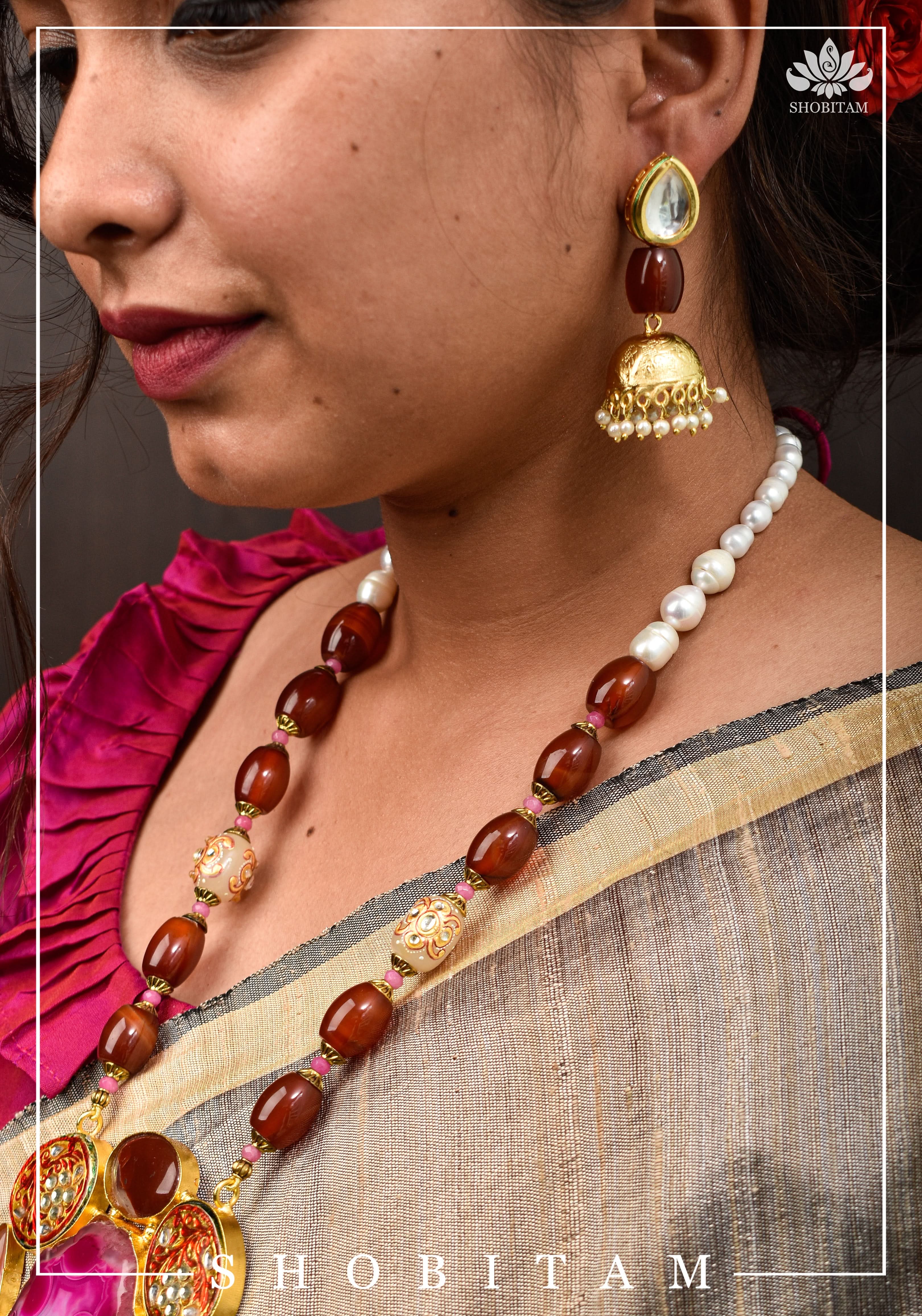 Statement Pink Agate Necklace Set | Shobitam Jewelry