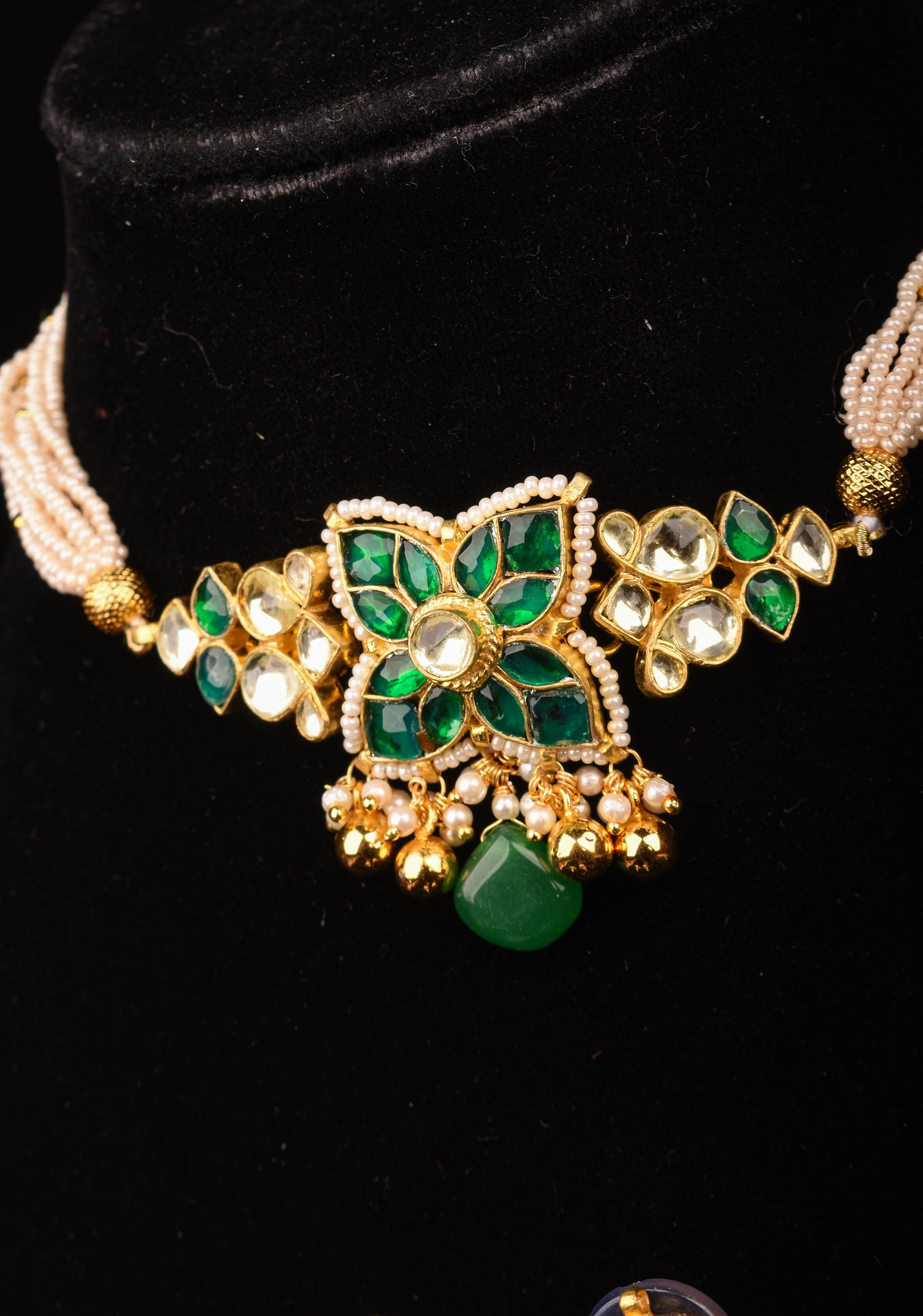 Ahmedabadi kundan multistrand Choker set with Green dangling beads | Shobitam