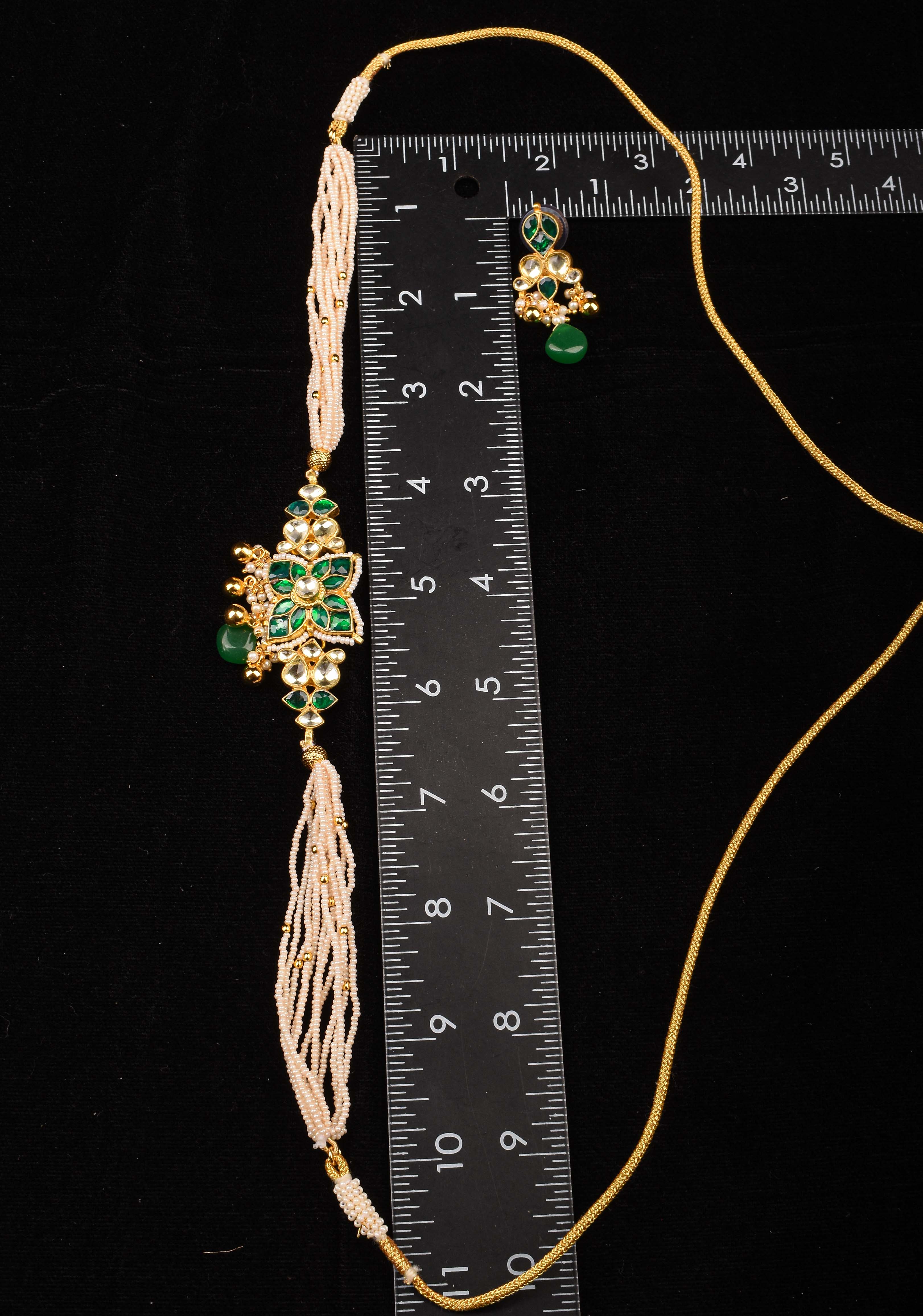 Ahmedabadi kundan multistrand Choker set with Green dangling beads | Shobitam