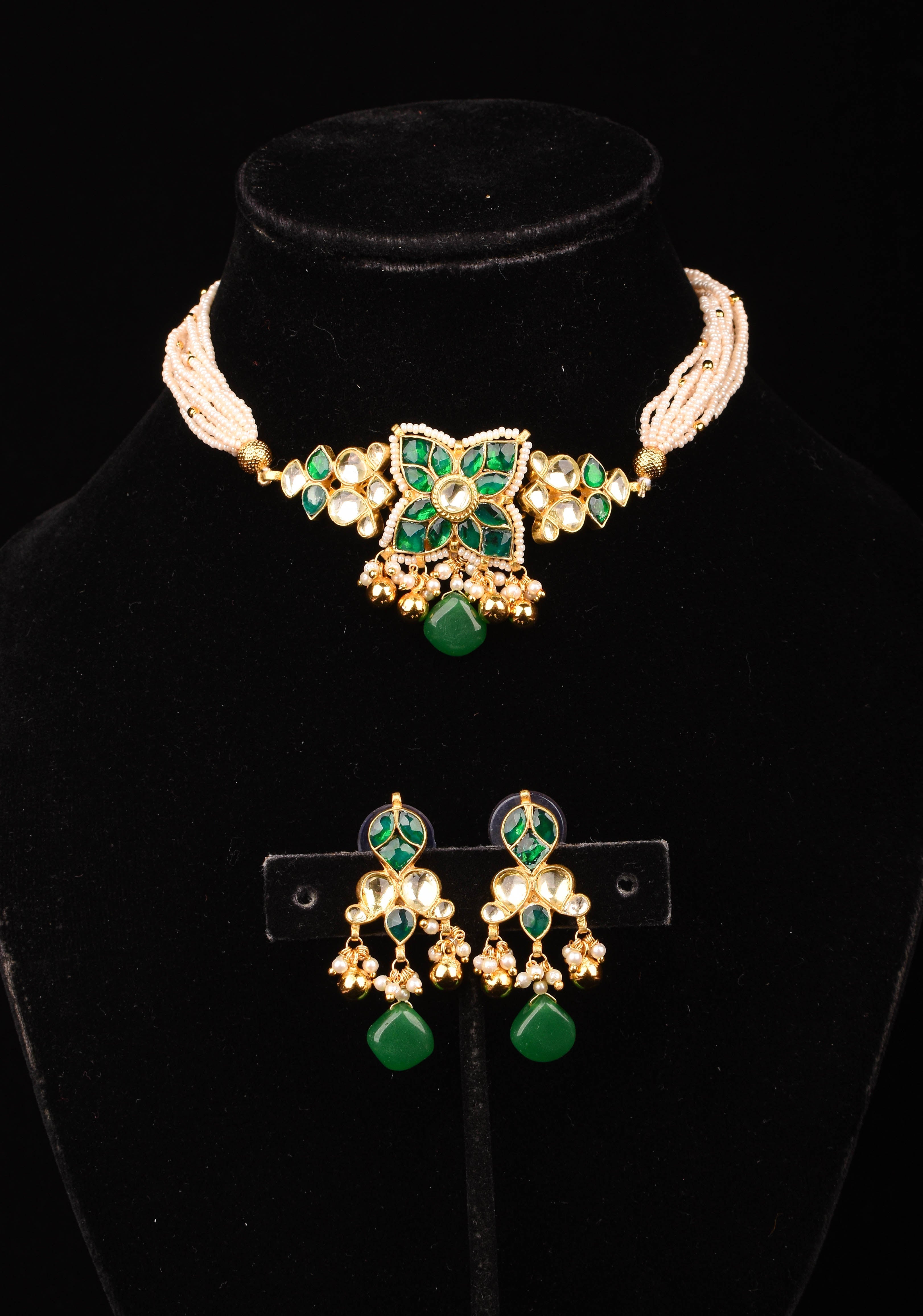 Ahmedabadi kundan multistrand Choker set with Green dangling beads | Shobitam